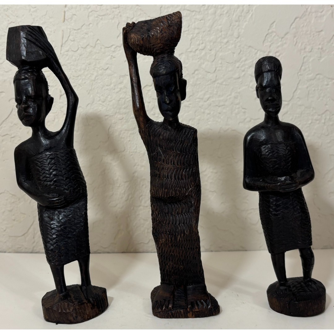 Vintage African Hand Carved Wooden Statue Set of 3 Ebony Figures Holding Baskets Vintage African Hand Carved Wooden Statue Set of 3 Ebony Figures Holding Baskets