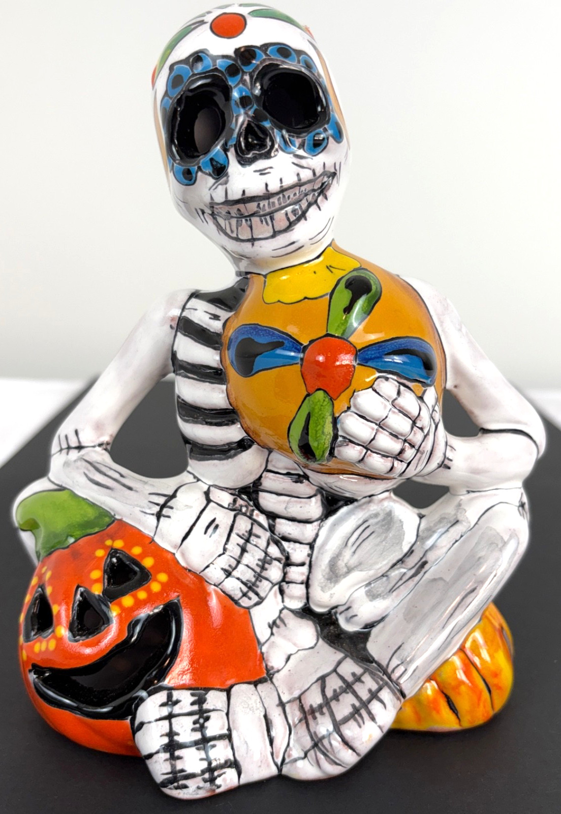 Talavera Day of the Dead Skeleton w/ Pumpkins Festive Ceramic Hand Paint Pottery