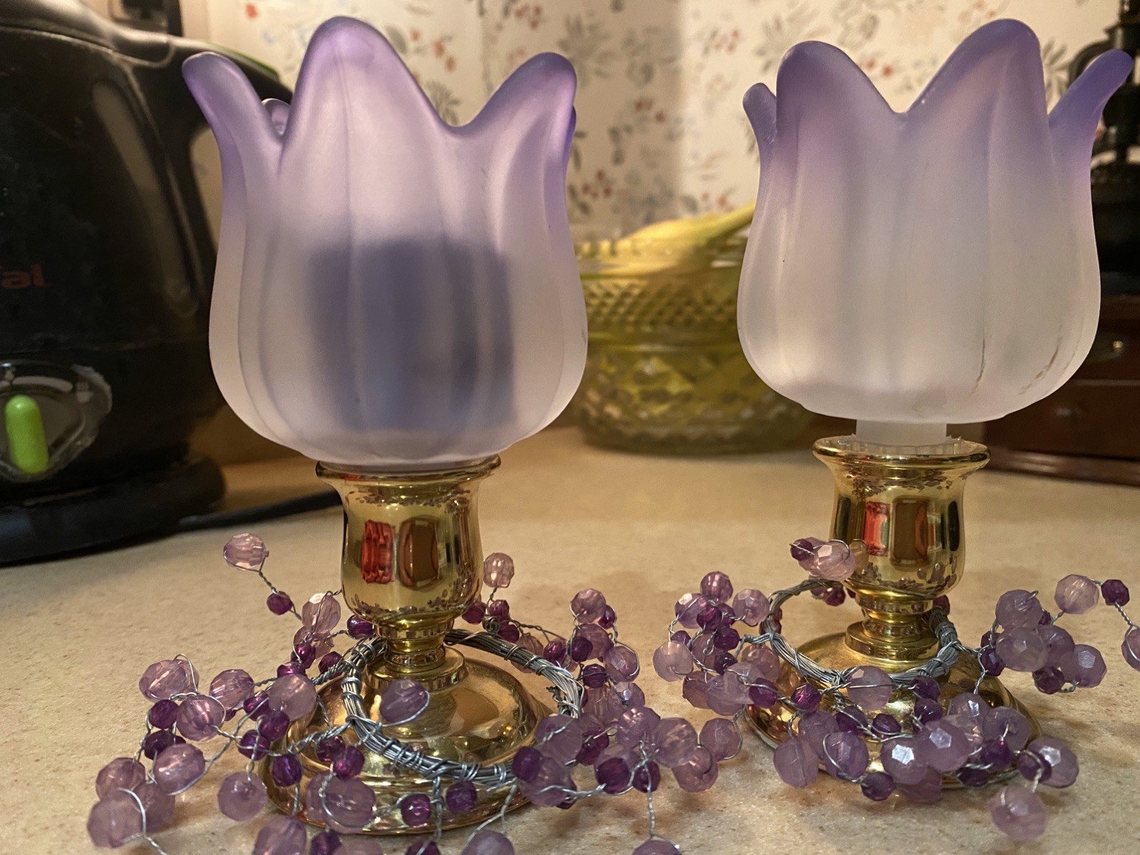 PARTYLIT BRASS OXFORD GOLD CANDLE HOLDERS 2 pc Frosted Tulips PARTYLIT BRASS OXFORD GOLD CANDLE HOLDERS 2 pc Frosted Tulips