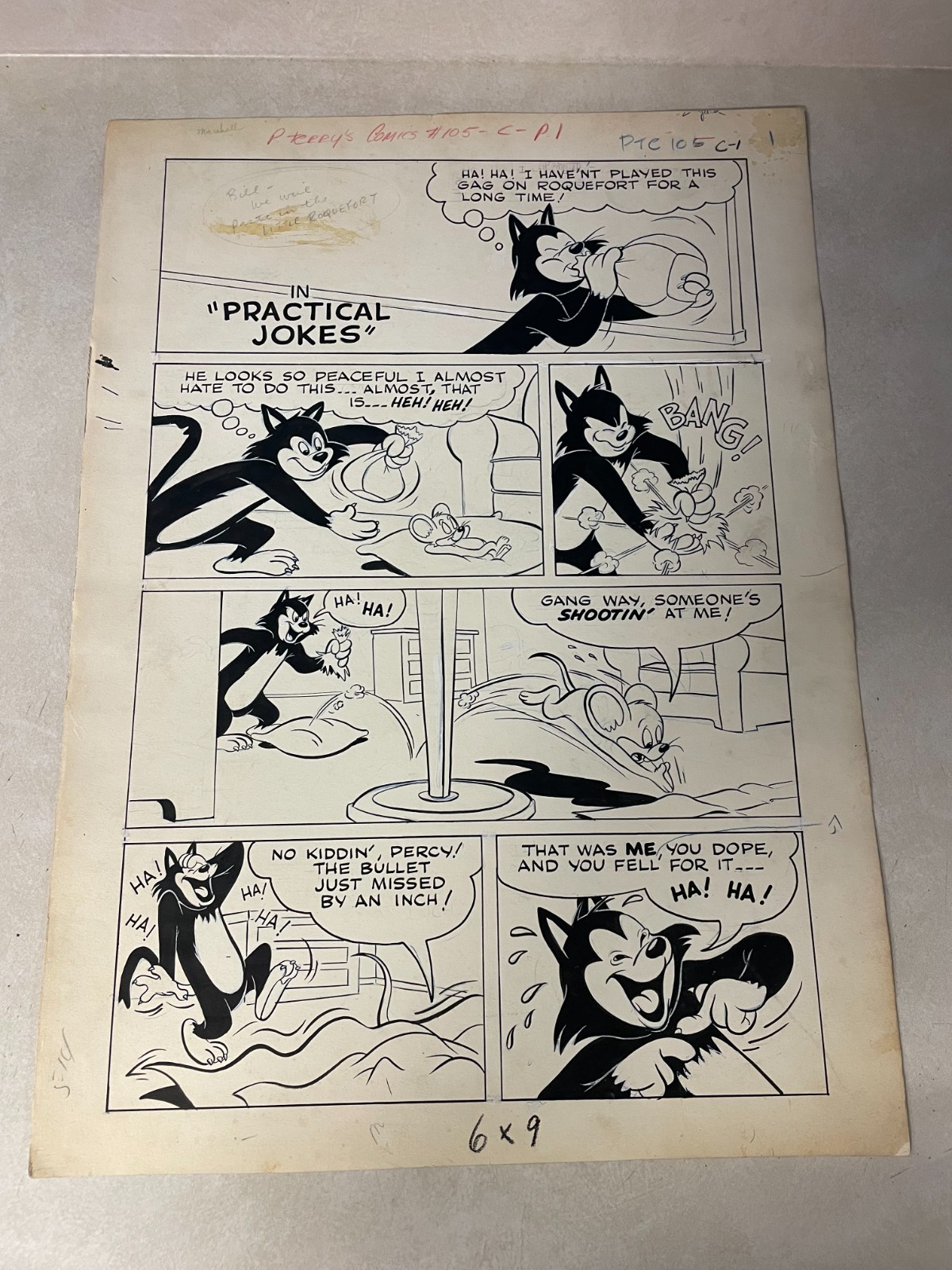 LITTLE ROQUEFORT PERCY original comic art PAUL TERRY'S #105 1953 TITLE PAGE