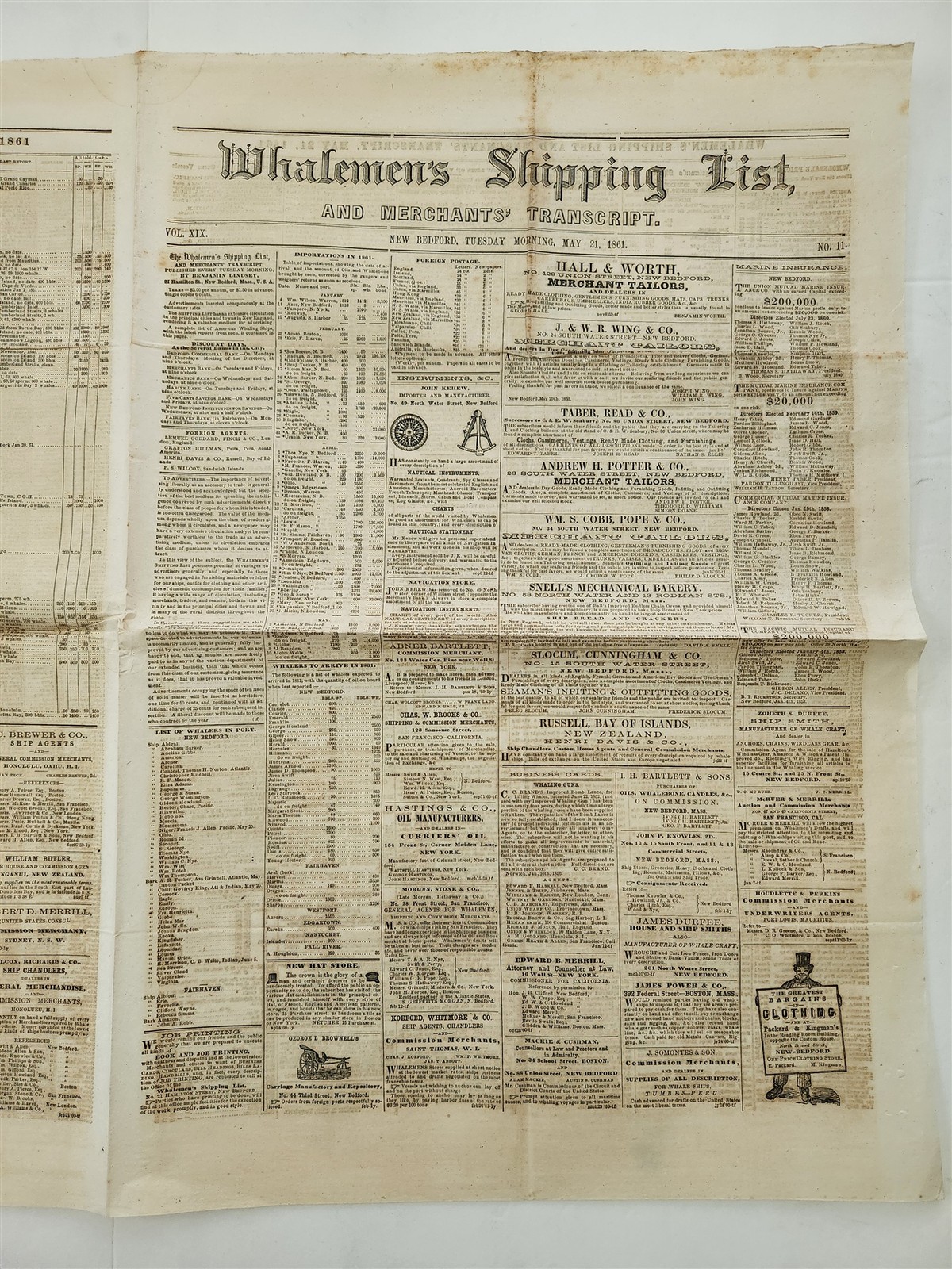 1861 antique WHALING NEWSPAPER new bedford ma CIVIL WAR SPERM OIL