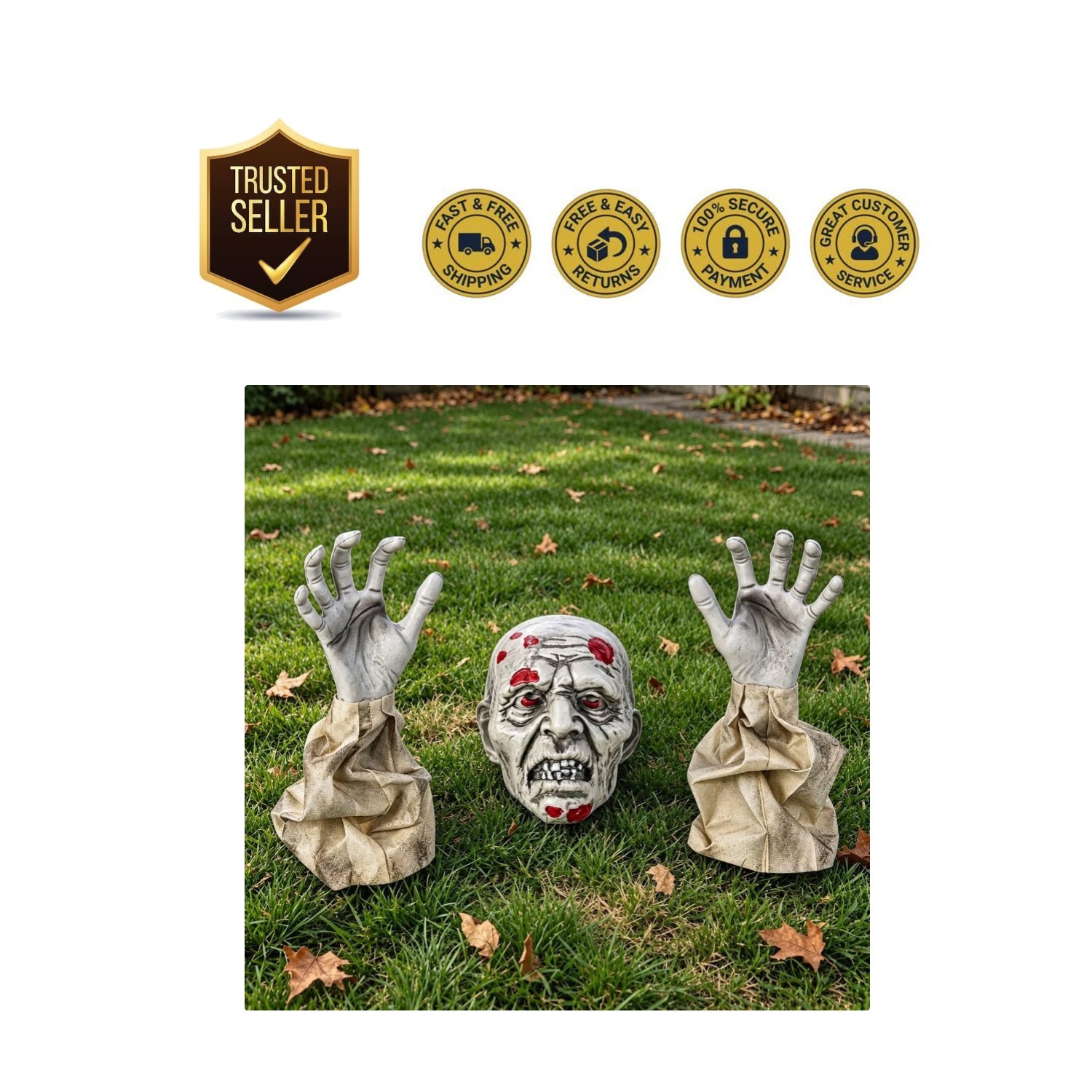 Realistic 3-Piece Zombie Decoration Set: Head & Hands for Eerie Lawn Displays