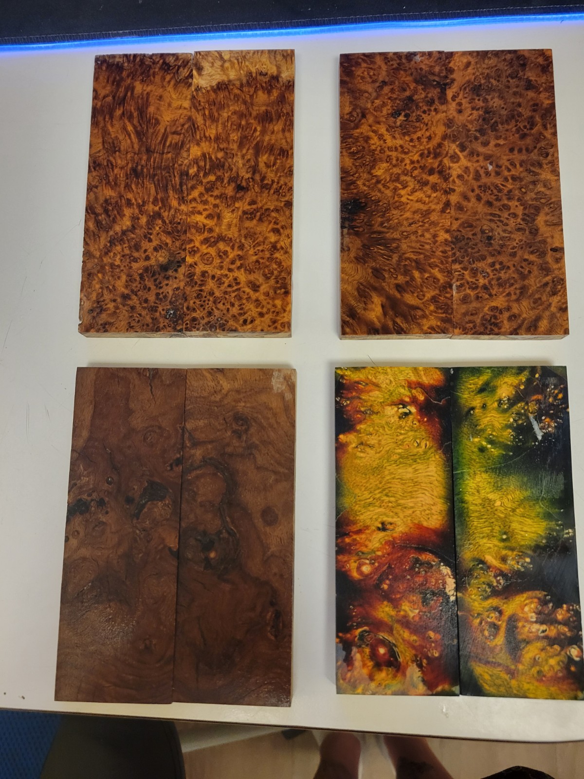 Bookmatched Wood Burl Handle Scale Blanks, Stabilized Resin Set Brown Multicolor Bookmatched Wood Burl Handle Scale Blanks, Stabilized Resin Set Brown Multicolor