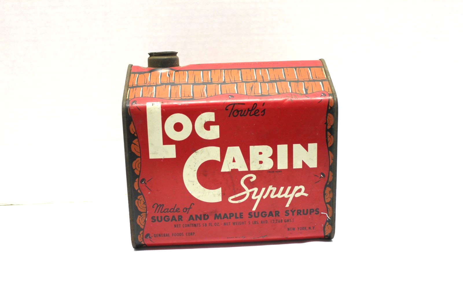 Vintage Towle's Log Cabin Syrup Advertising Tin - 5 Pound Size