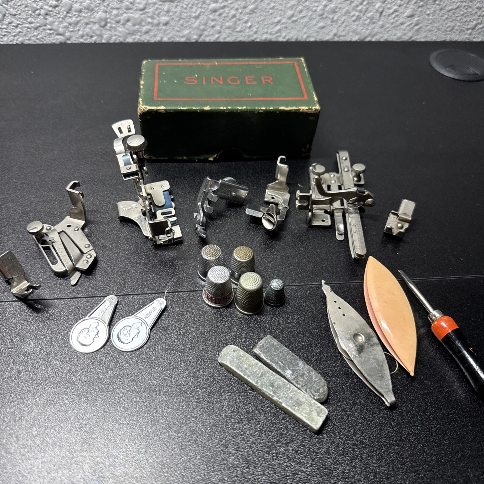 Vintage Singer Sewing Machine Attachments w/Original Box Plus Thimbles, Etc Vintage Singer Sewing Machine Attachments w/Original Box Plus Thimbles, Etc