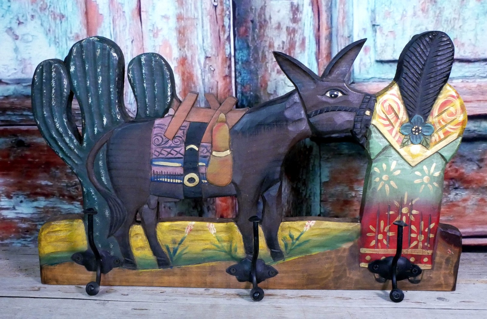 Donkey Cactus & Peasant Woman Coat Rack Wood Handmade Guanajuato Mexico Folk Art Donkey Cactus & Peasant Woman Coat Rack Wood Handmade Guanajuato Mexico Folk Art