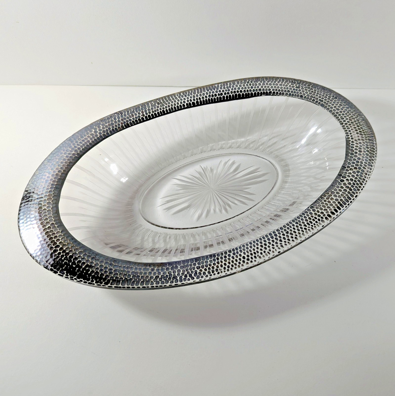 Art Deco Oval Glass Dish Cut Starburst Silver rim Art Deco Oval Glass Dish Cut Starburst Silver rim