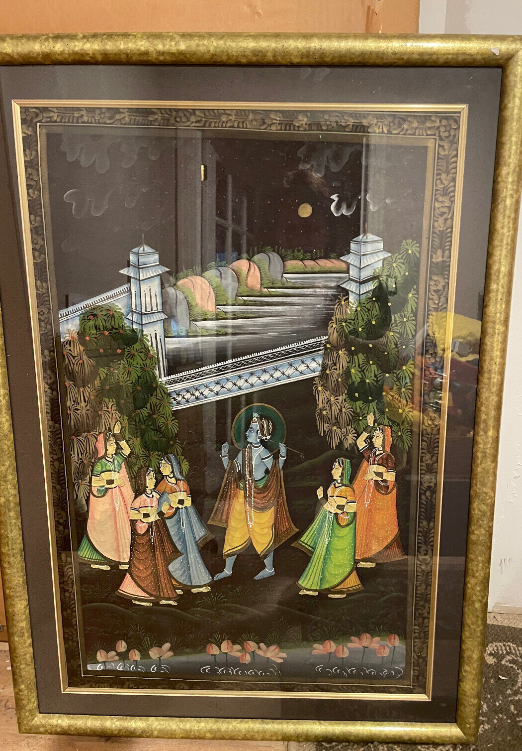 VTG LG Framed -Mughal Hand Painted Silk Art -Procession -Wedding -India 32x23 VTG LG Framed -Mughal Hand Painted Silk Art -Procession -Wedding -India 32x23