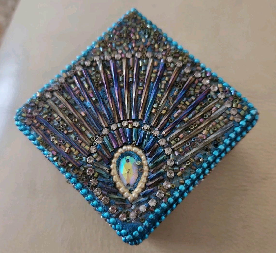 Peacock Feather 3" Trinket Box Beaded Rhinestone Glitter Embellished w/ Lid  K
