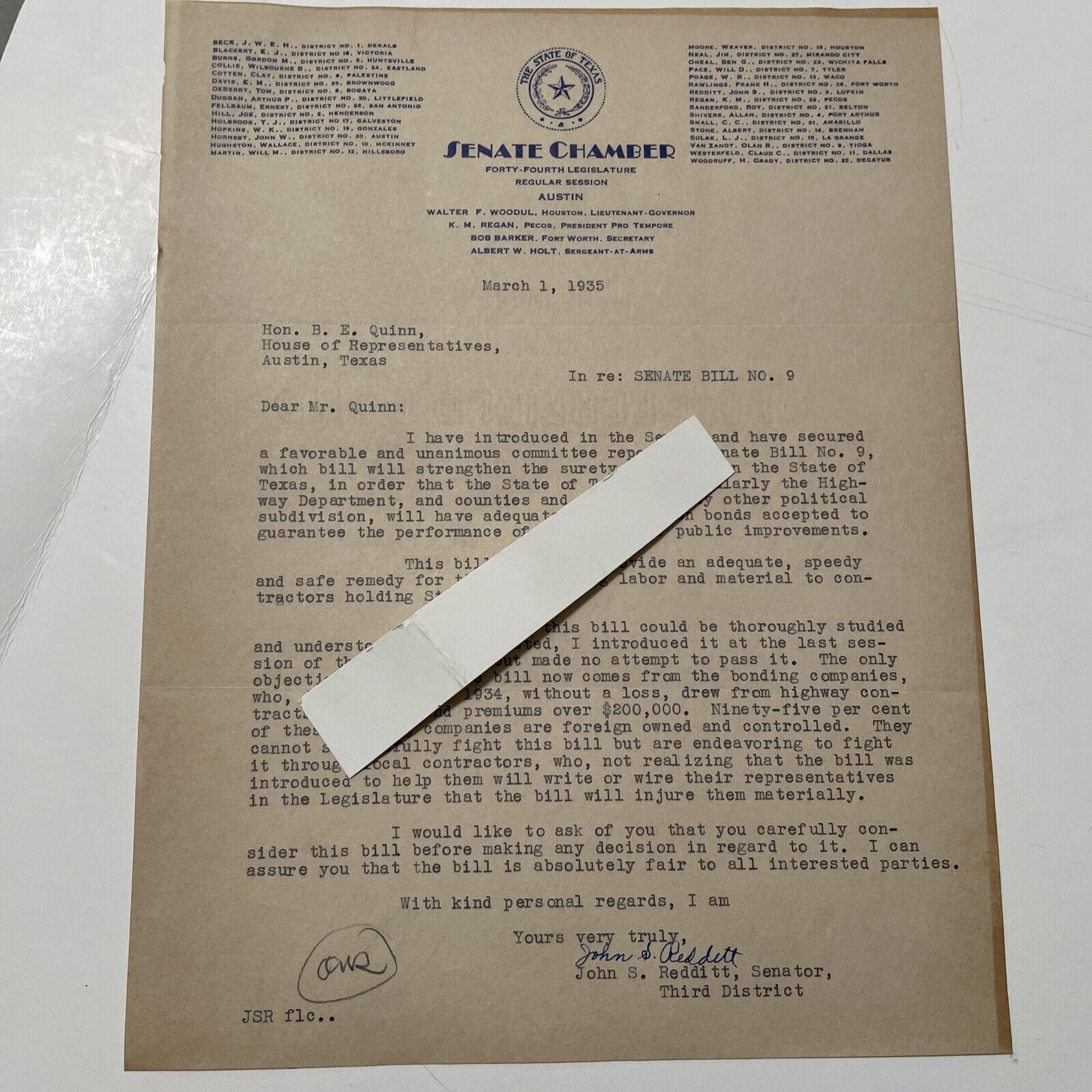 Texas State Senate Letter from John S. Redditt to State rep 1935 texas history