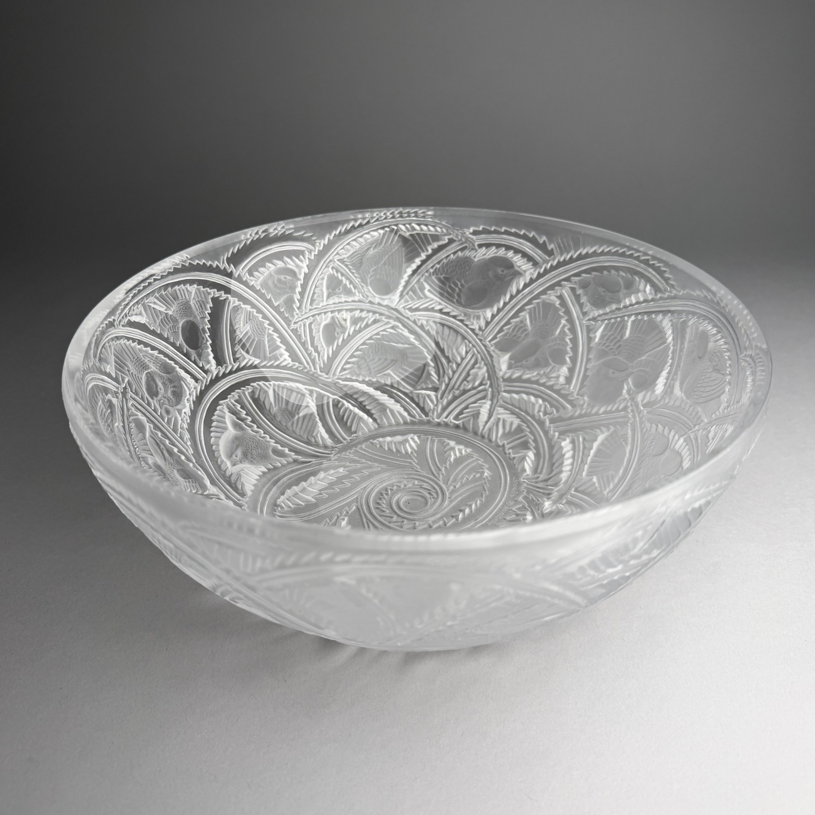 Vintage Lalique France Pinsons Frosted & Clear Crystal Glass Bowl - 9" Vintage Lalique France Pinsons Frosted & Clear Crystal Glass Bowl - 9"