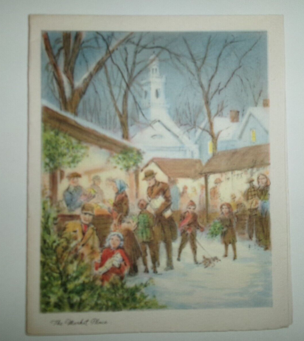 Vtg Christmas Card THE MARKET PLACE FOLKS KIDS DOG  Dog Shop Outside