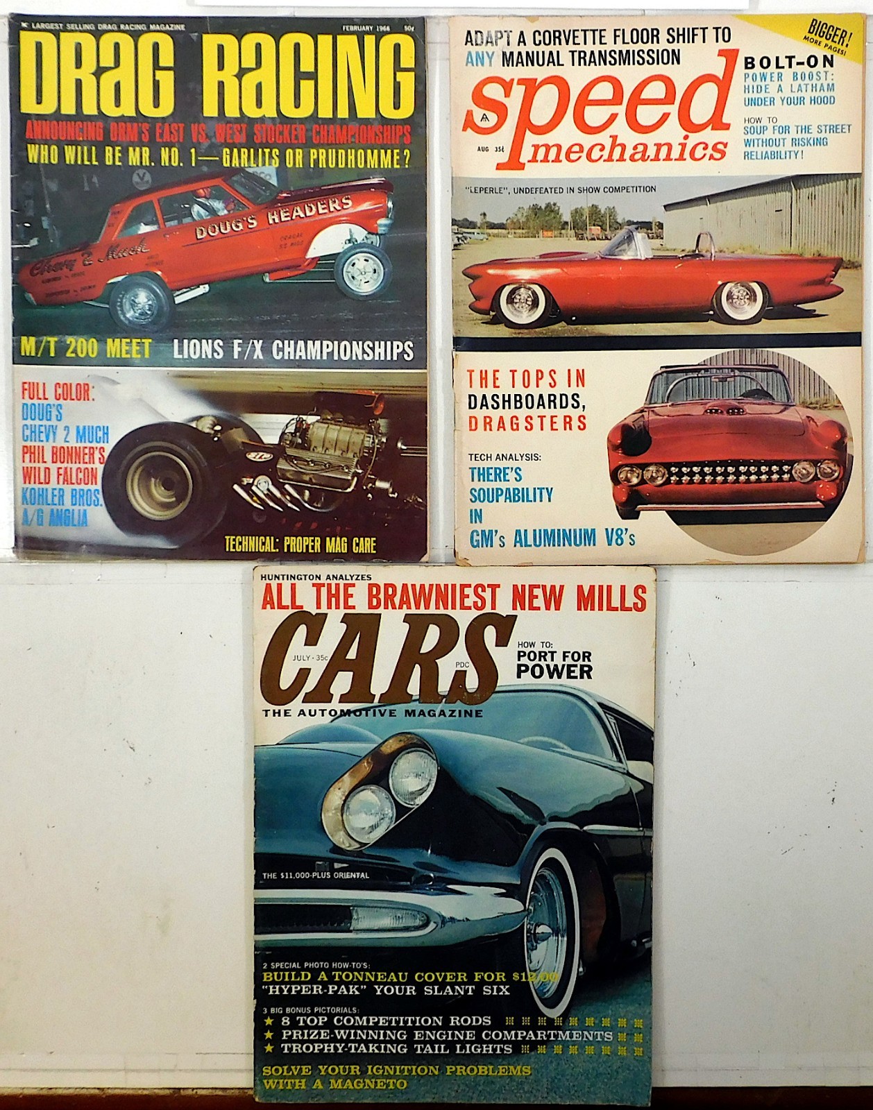 Magazines Lot of 3 #Drag Racing Feb 1966,Speed Mechanics Aug 1961, Cars Jul 1961