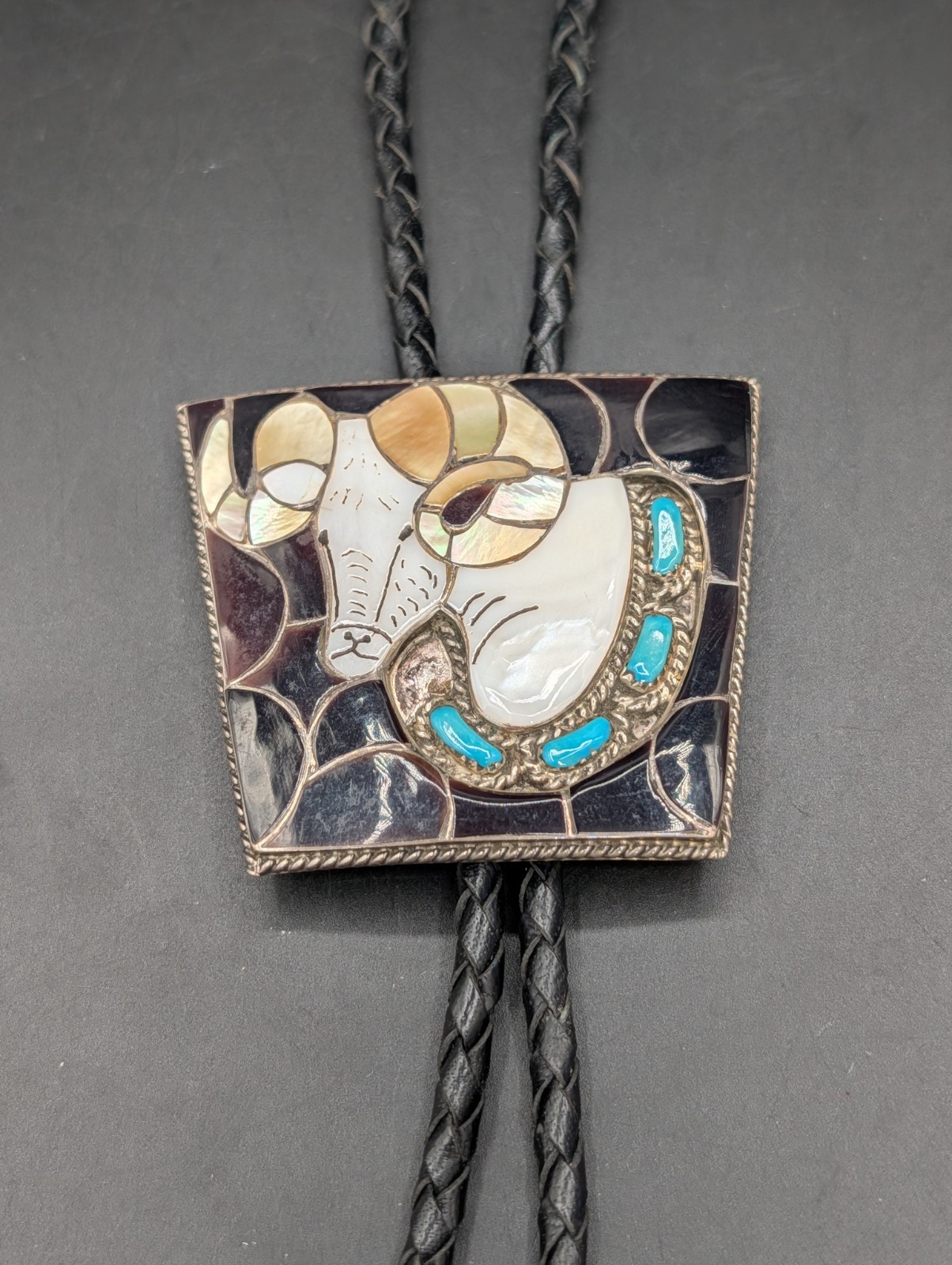 Vintage Zuni Native America Sterling Silver Bighorn Ram Bolo Tie E.A. Inlay READ Vintage Zuni Native America Sterling Silver Bighorn Ram Bolo Tie E.A. Inlay READ
