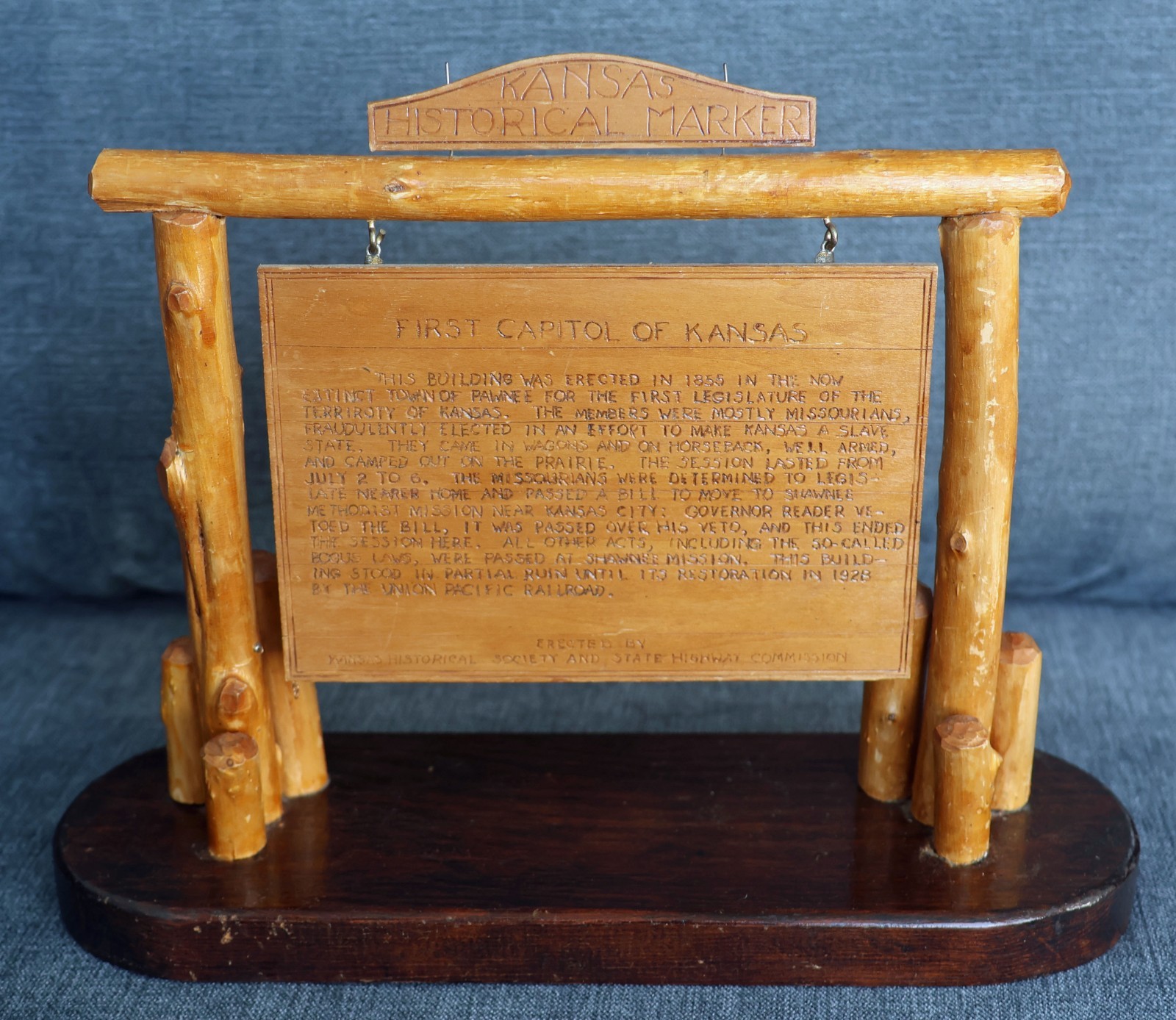 Rare Vintage NYA New Deal Kansas Historical Marker Model Wood First Capitol Sign Rare Vintage NYA New Deal Kansas Historical Marker Model Wood First Capitol Sign
