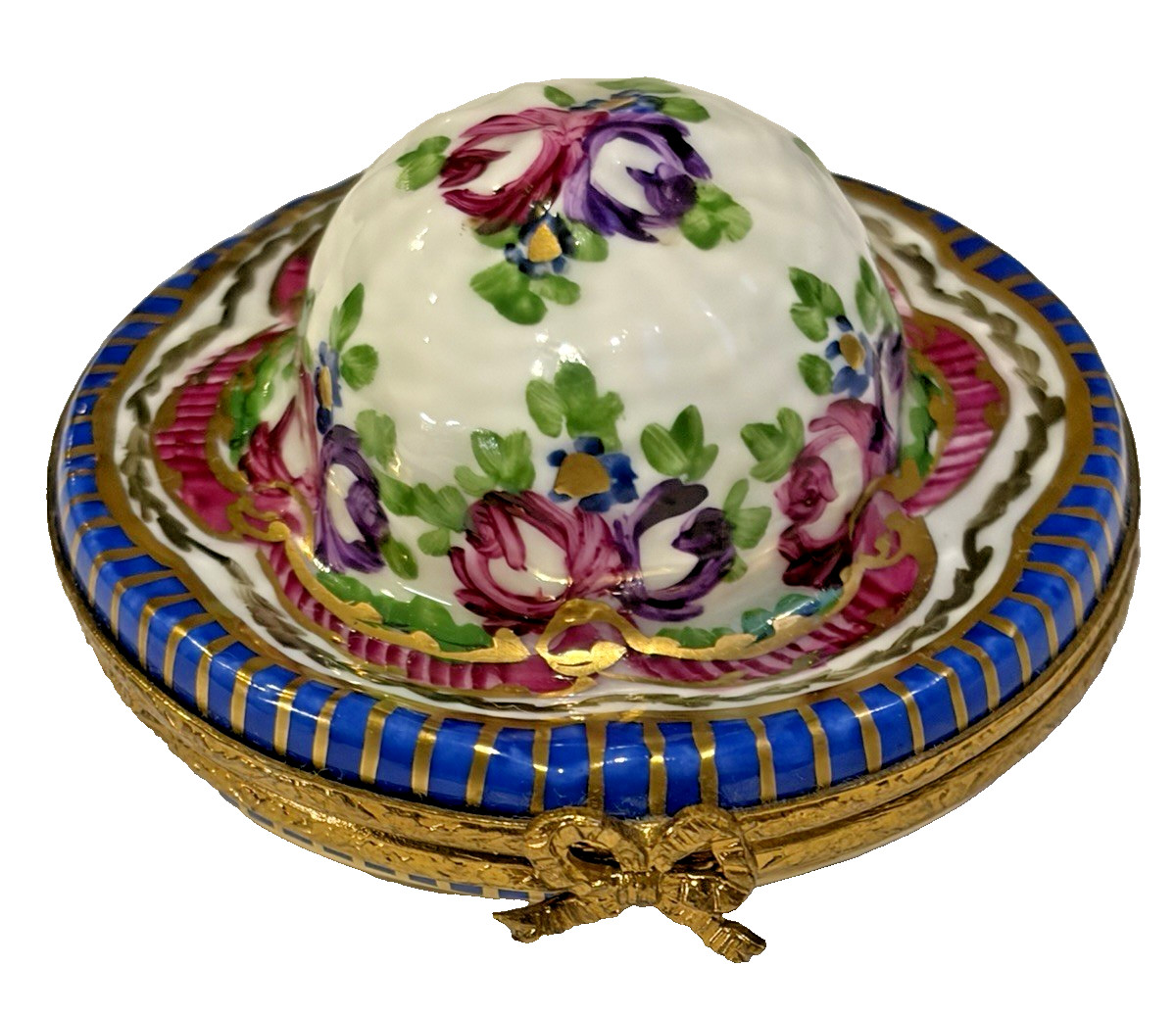 LIMOGES PEINT MAIN Trinket Box-DETAILED Sun HAT/Bonnet ROSE-Floral - Flowers Bow LIMOGES PEINT MAIN Trinket Box-DETAILED Sun HAT/Bonnet ROSE-Floral - Flowers Bow