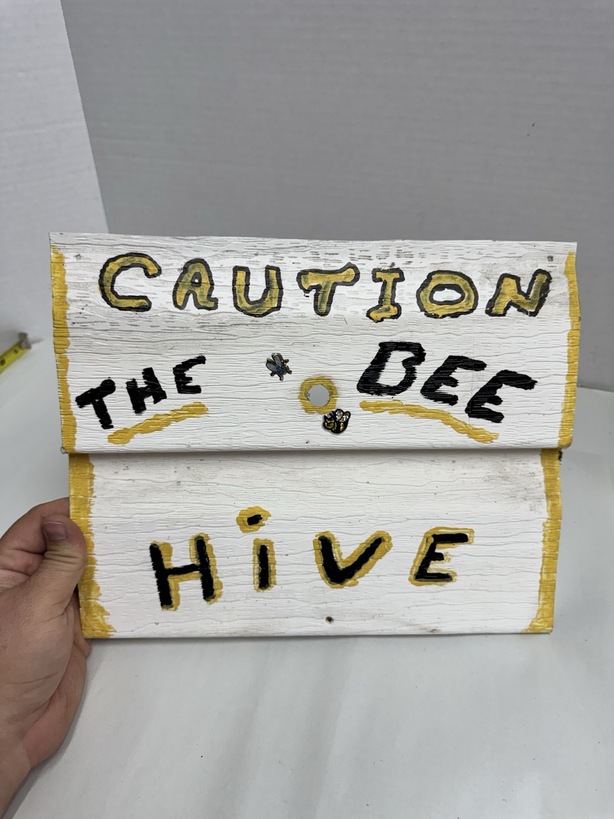 Vintage Folk Art Bee Hive Caution Sign Hand Painted Metal Beekeeping Rustic Deco