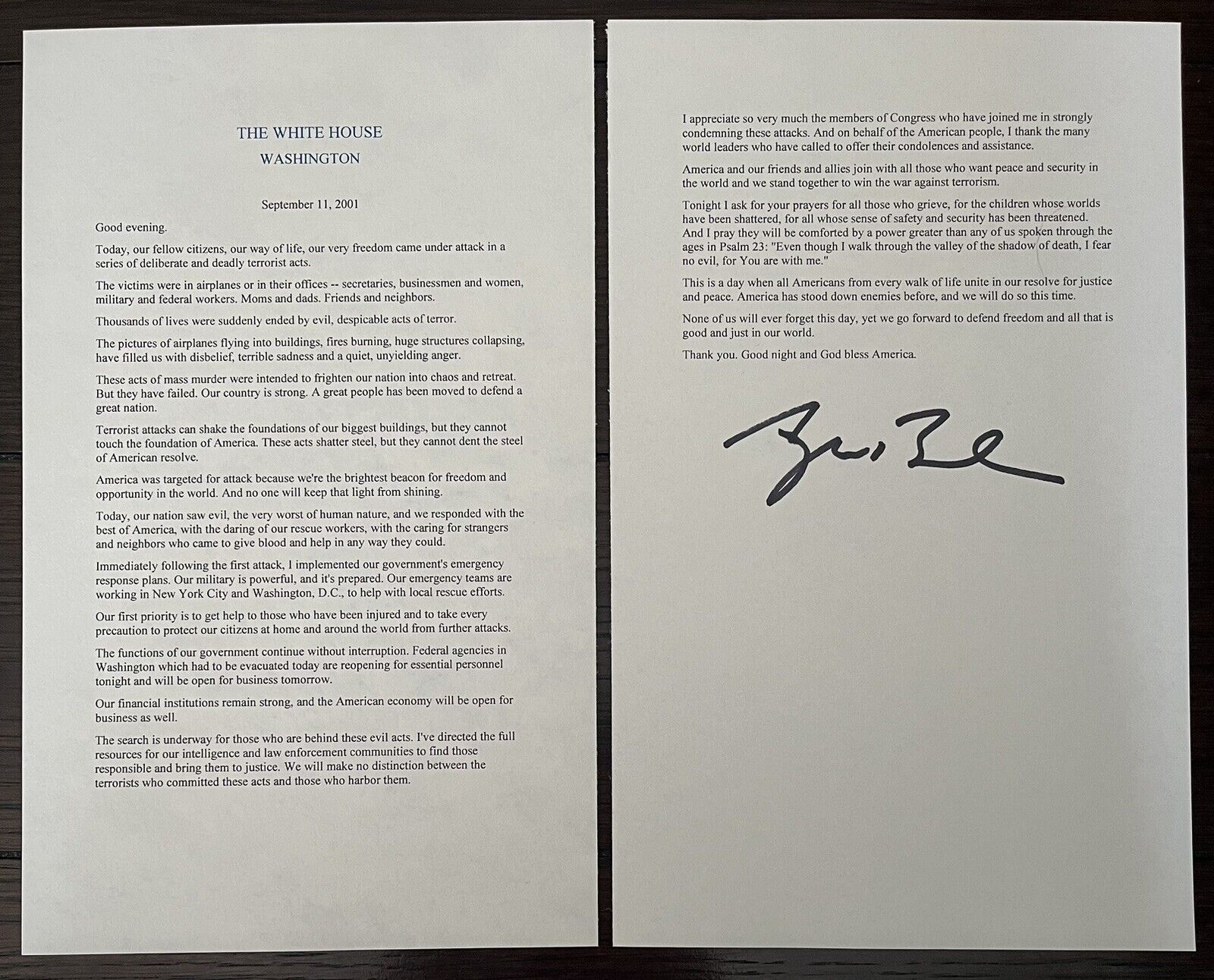 George W. Bush SIGNED Autograph Typescript 9/11 September 11 Oval Office Speech
