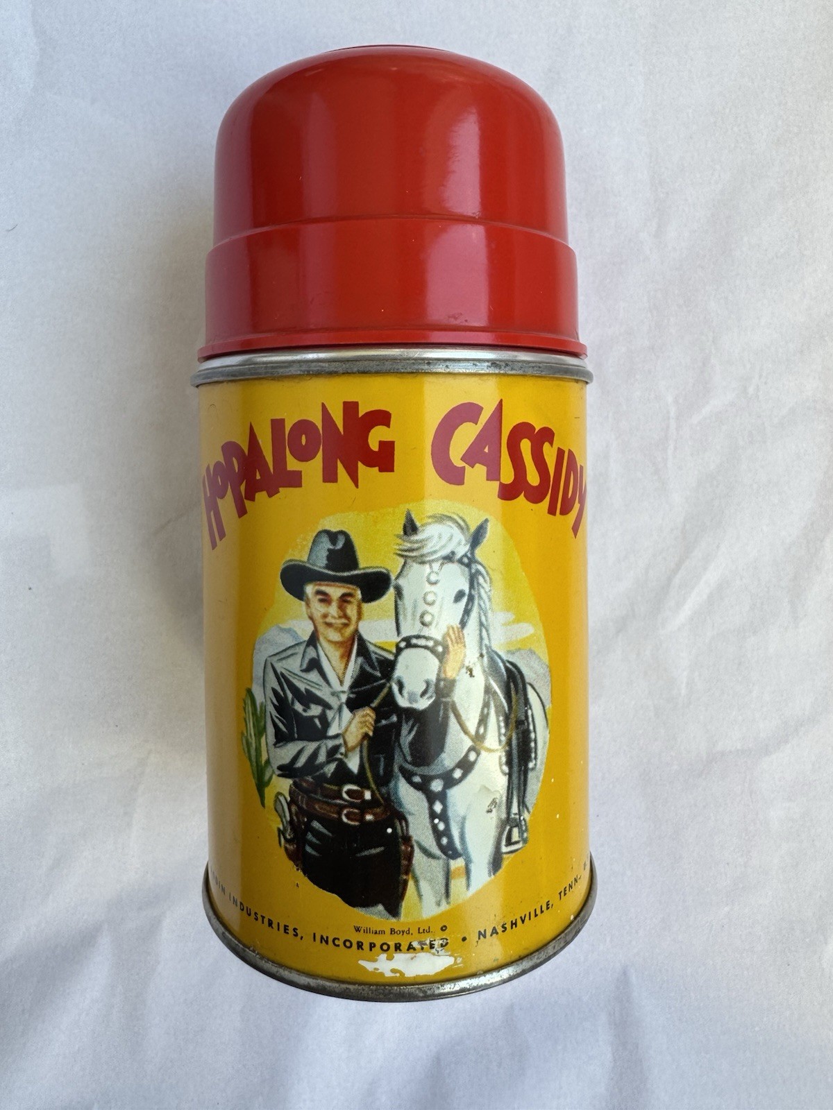 Vintage 1950 Hopalong Cassidy Aladdin Thermos Tin With Red Cup - Pre-owned Vintage 1950 Hopalong Cassidy Aladdin Thermos Tin With Red Cup - Pre-owned