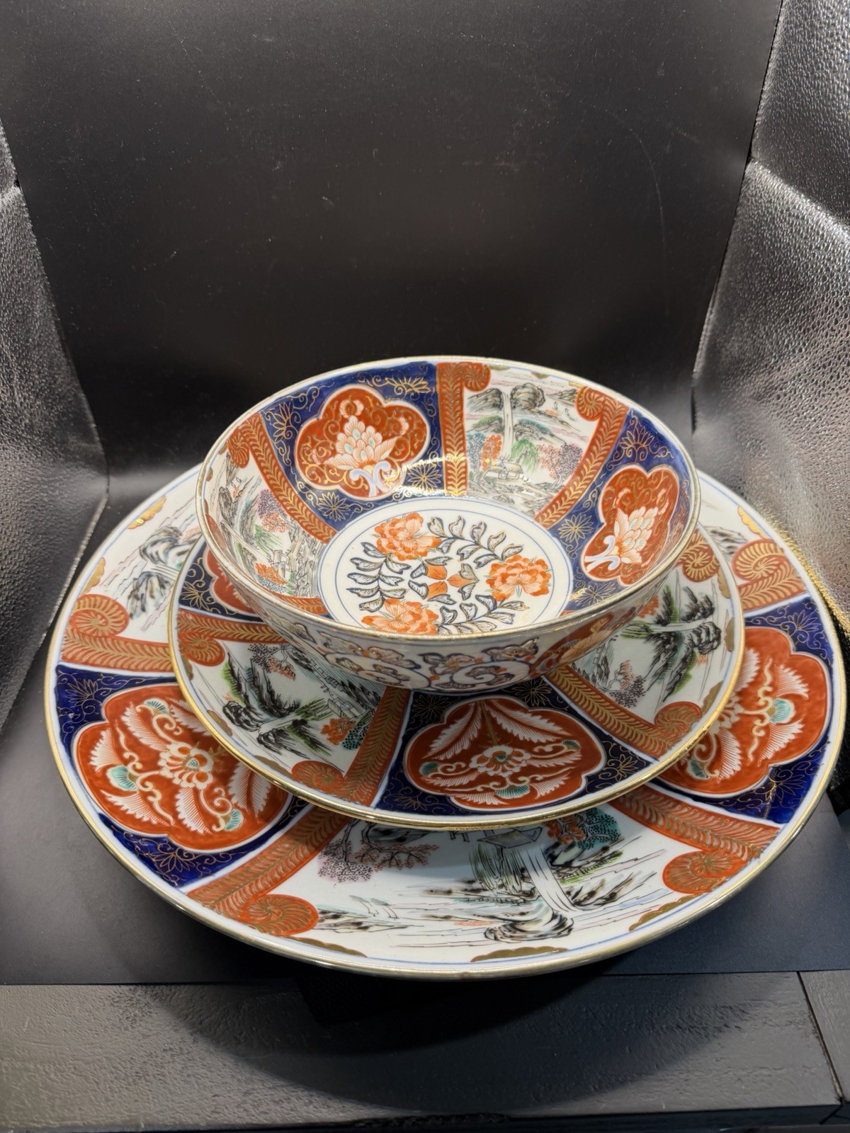 Japanese Imari Charger Plate Bowl Set 14" Porcelain Gold Gilt Arita Vintage