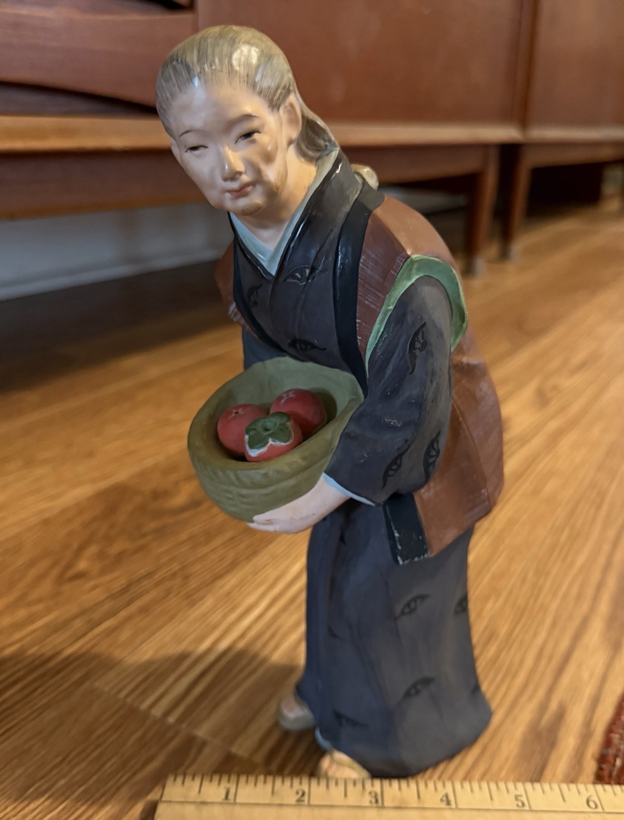 Vintage Hakata Urasaki Clay Figurine Japanese Woman Carrying Persimmon Basket Vintage Hakata Urasaki Clay Figurine Japanese Woman Carrying Persimmon Basket