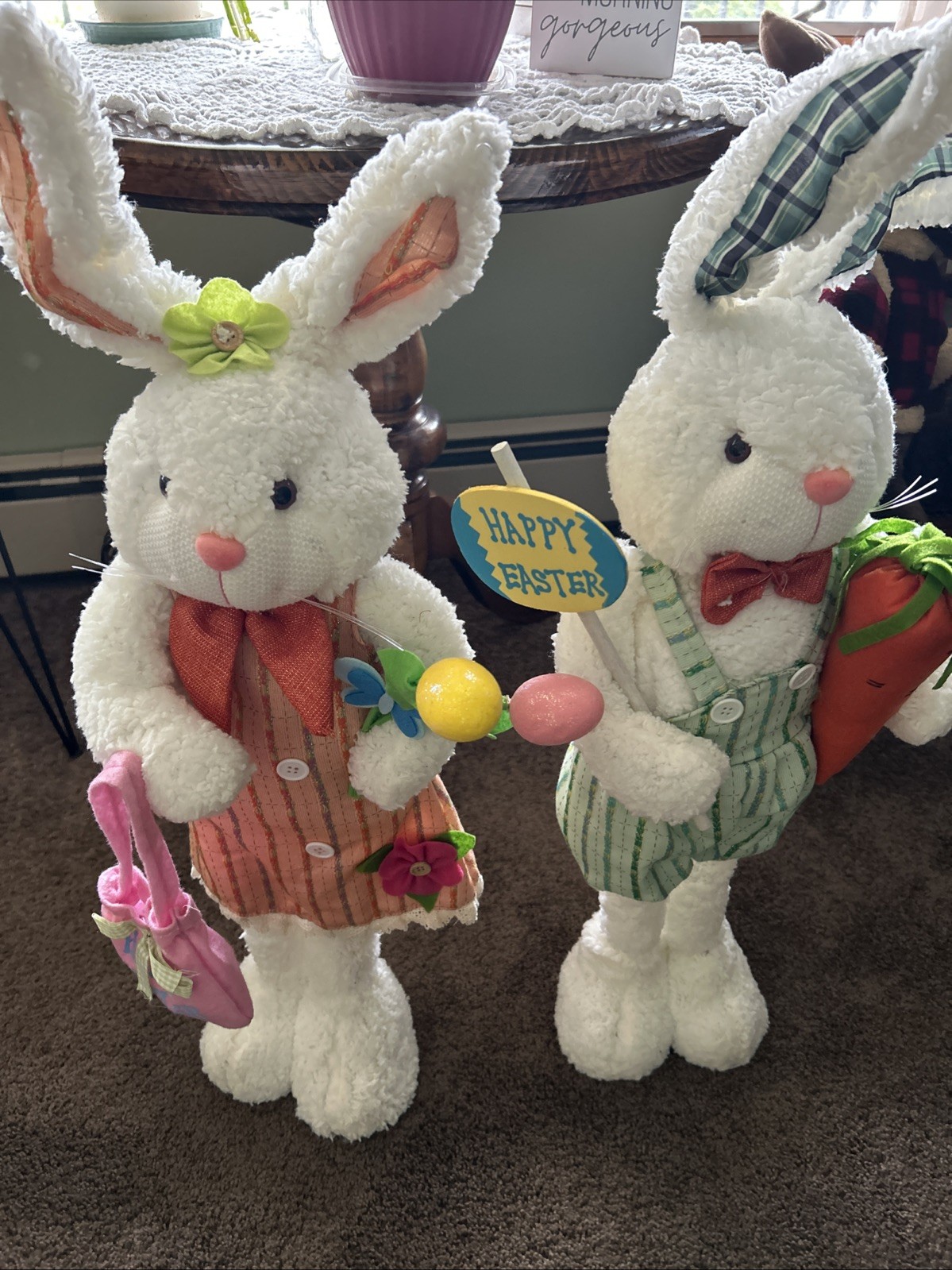 Large Pair of Standing Mr. & Mrs. Spring Easter Bunnies Multicolor Pastel 30”T