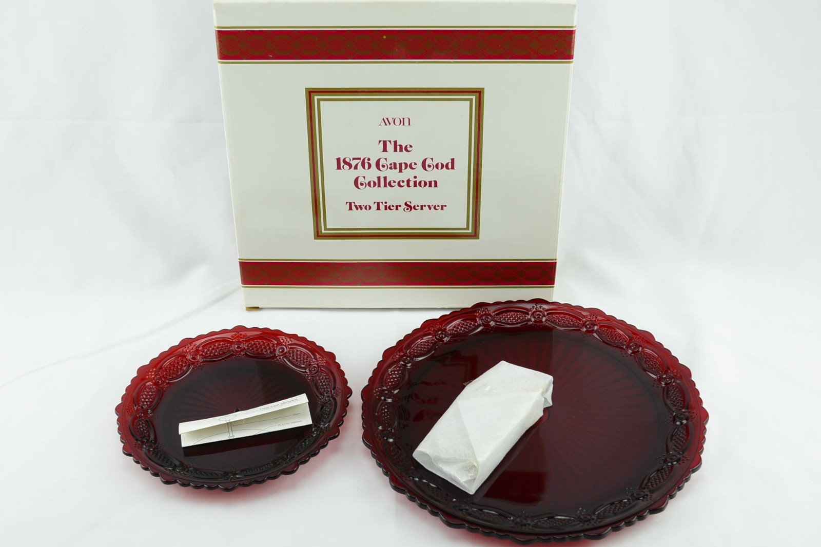 Avon 1876 Cape Cod Ruby Red Glass Two Tier Server NIB Vintage Dessert Stand
