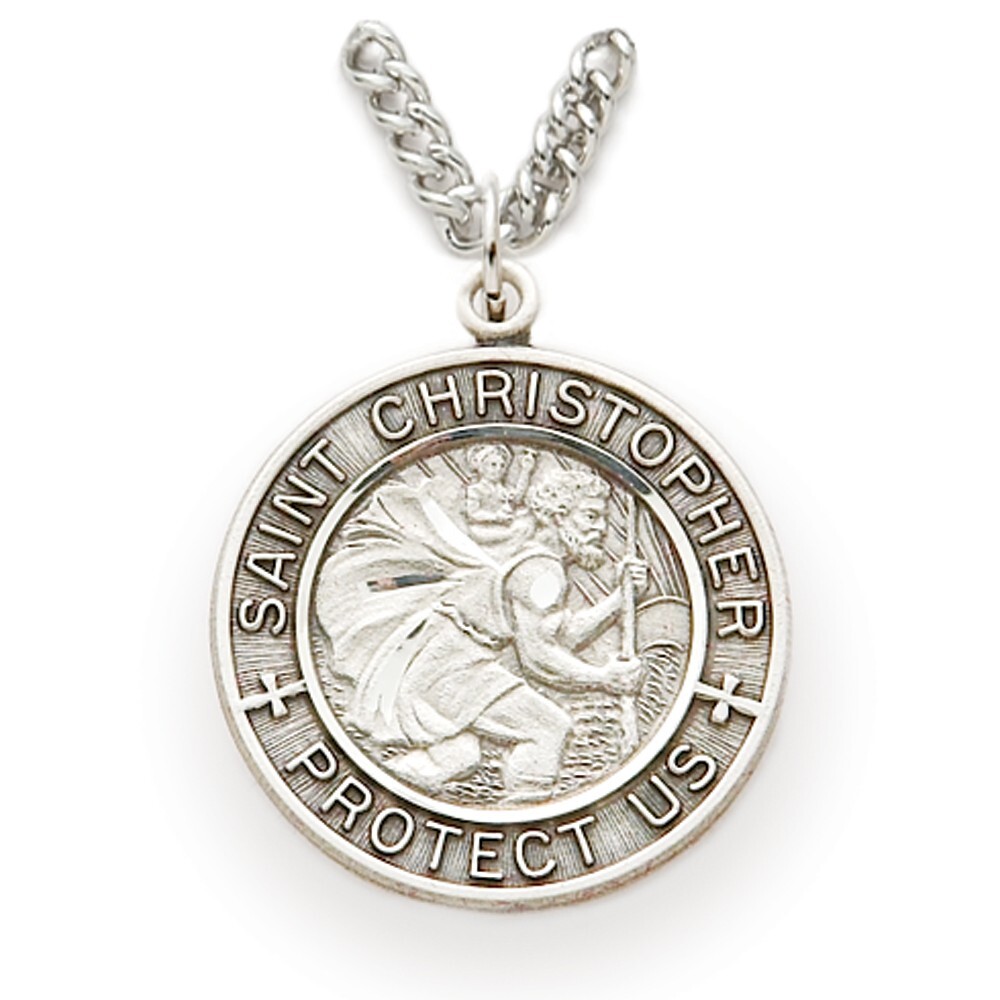 Large Antiqued Sterling Silver Saint Christopher Medal Vintage Style Necklace Large Antiqued Sterling Silver Saint Christopher Medal Vintage Style Necklace
