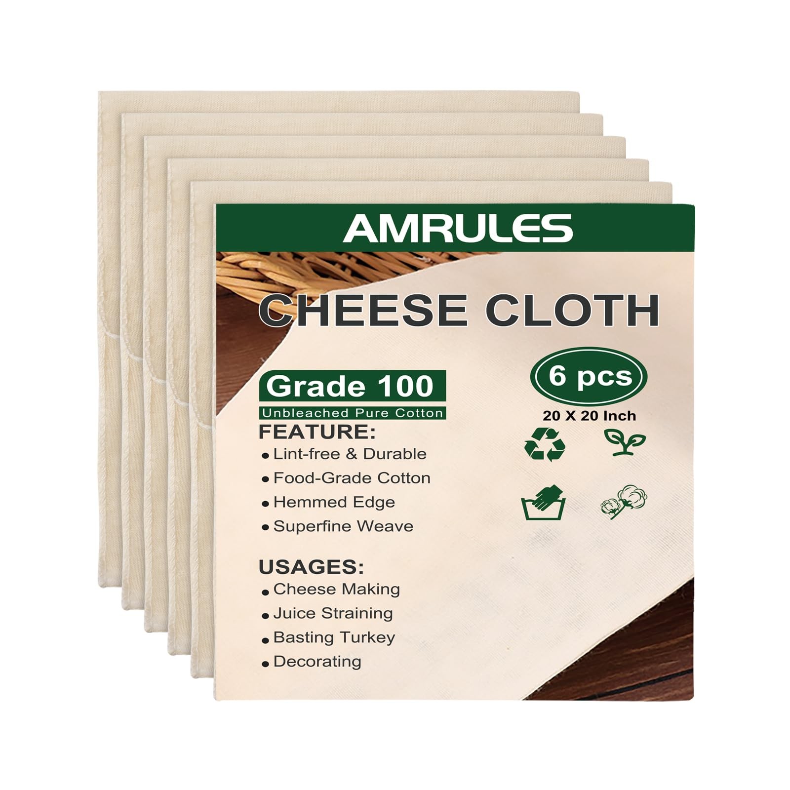 Amrules 6 Pcs Cheese Cloths, Grade 100, 20x20 Inch, Inch - 6 PC, Beige
