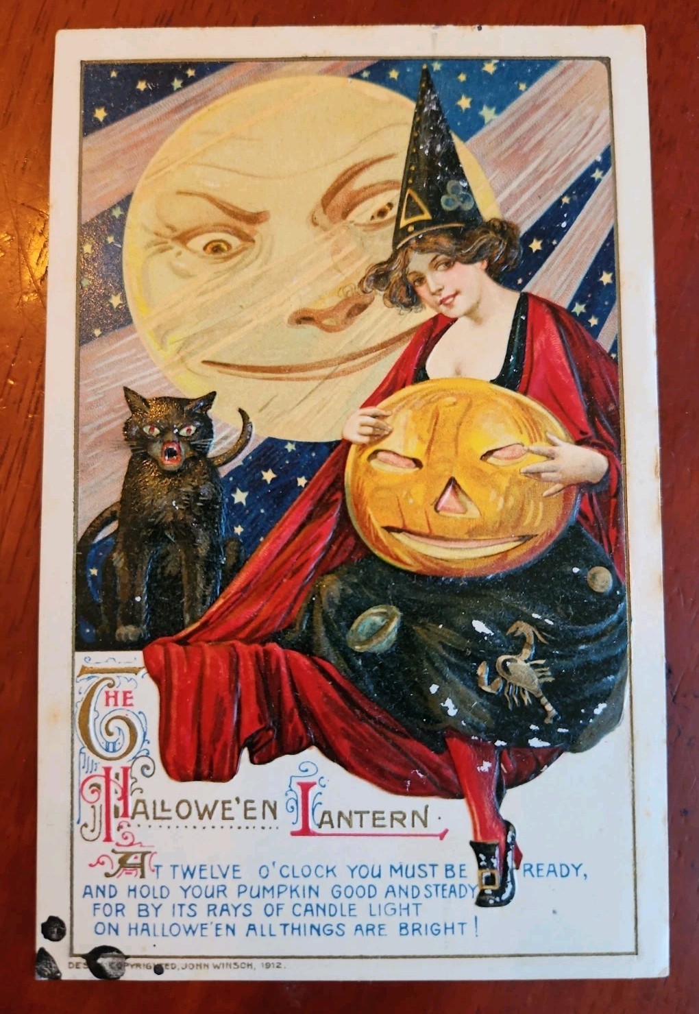Antique Halloween Postcard J. Winsch S. Schmucker Lady Witch Moon, Cat, JOL 1912 Antique Halloween Postcard J. Winsch S. Schmucker Lady Witch Moon, Cat, JOL 1912