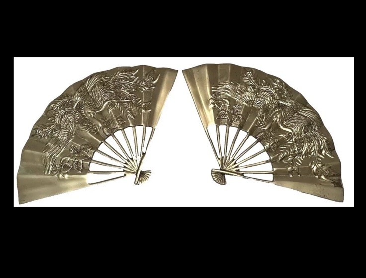 Vintage PAIR Solid Brass Fan Raised Phoenix Dragon Hanging wall Art Vintage PAIR Solid Brass Fan Raised Phoenix Dragon Hanging wall Art