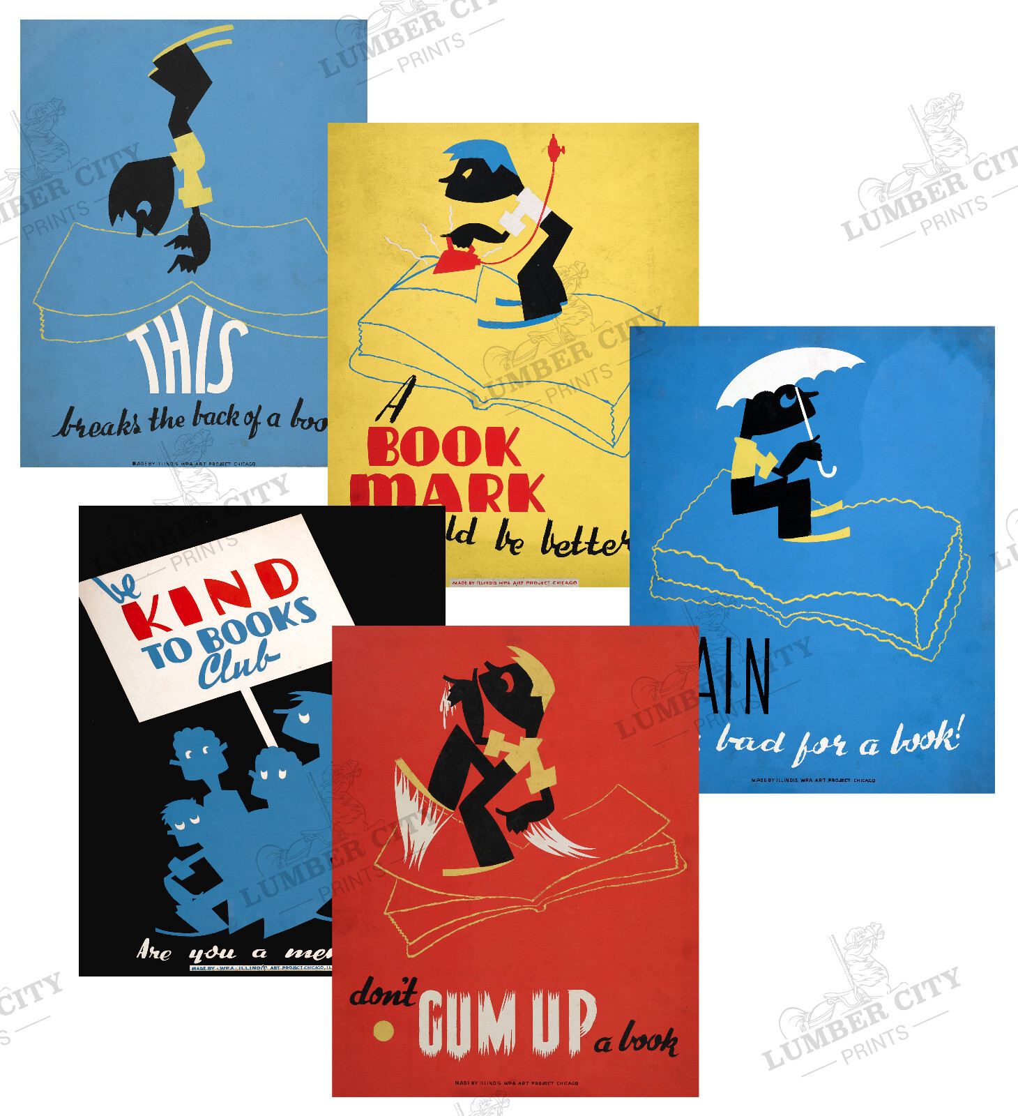 SET of FIVE US Library Book Posters Vintage WPA Prints circa 1936 - 18"x 24"