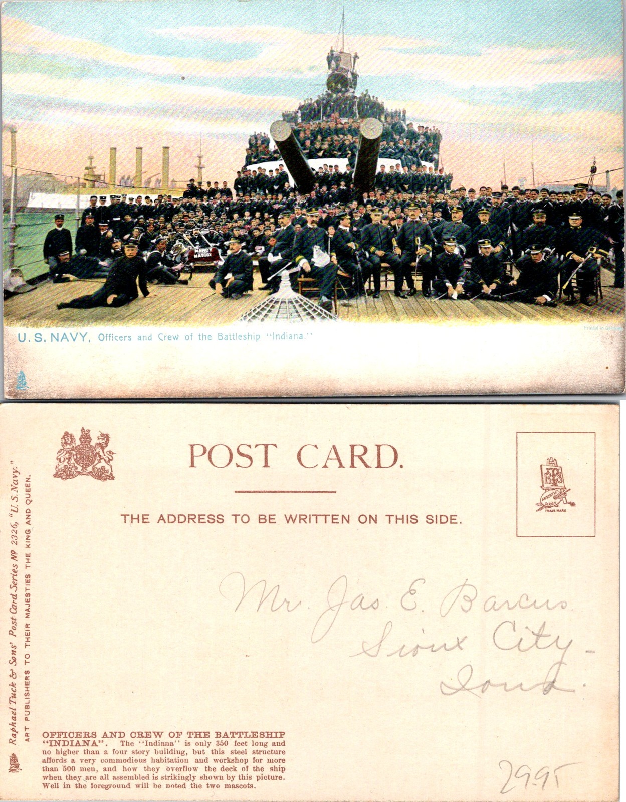 U.S. Navy Officers and Crerw of the Battleship 'Indiana' Tuck Postcard 101481