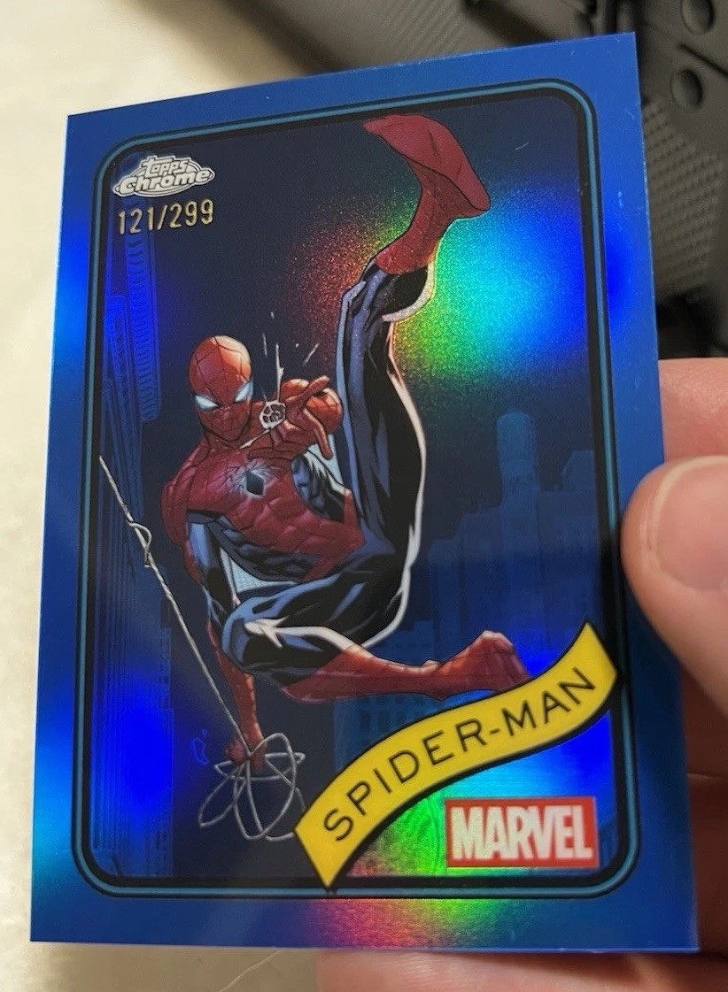 2025 Topps Chrome Marvel SPIDER-MAN BLUE REFRACTOR COLOR MATCH /299 2025 Topps Chrome Marvel SPIDER-MAN BLUE REFRACTOR COLOR MATCH /299