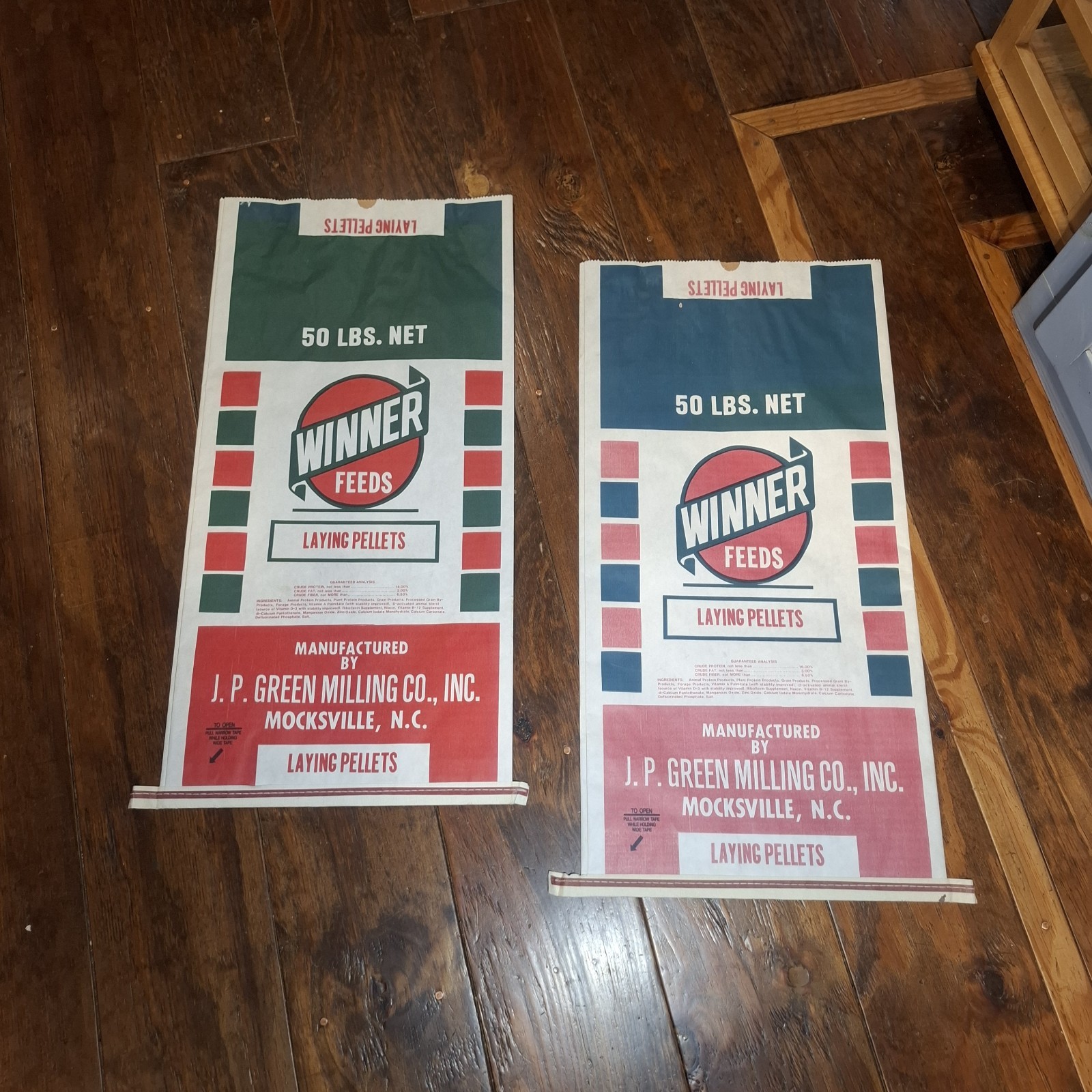 2 Vintage J.P. Green Winner Feeds 50lb Paper Feed Bag Sacks Mocksville NC Sign 2 Vintage J.P. Green Winner Feeds 50lb Paper Feed Bag Sacks Mocksville NC Sign