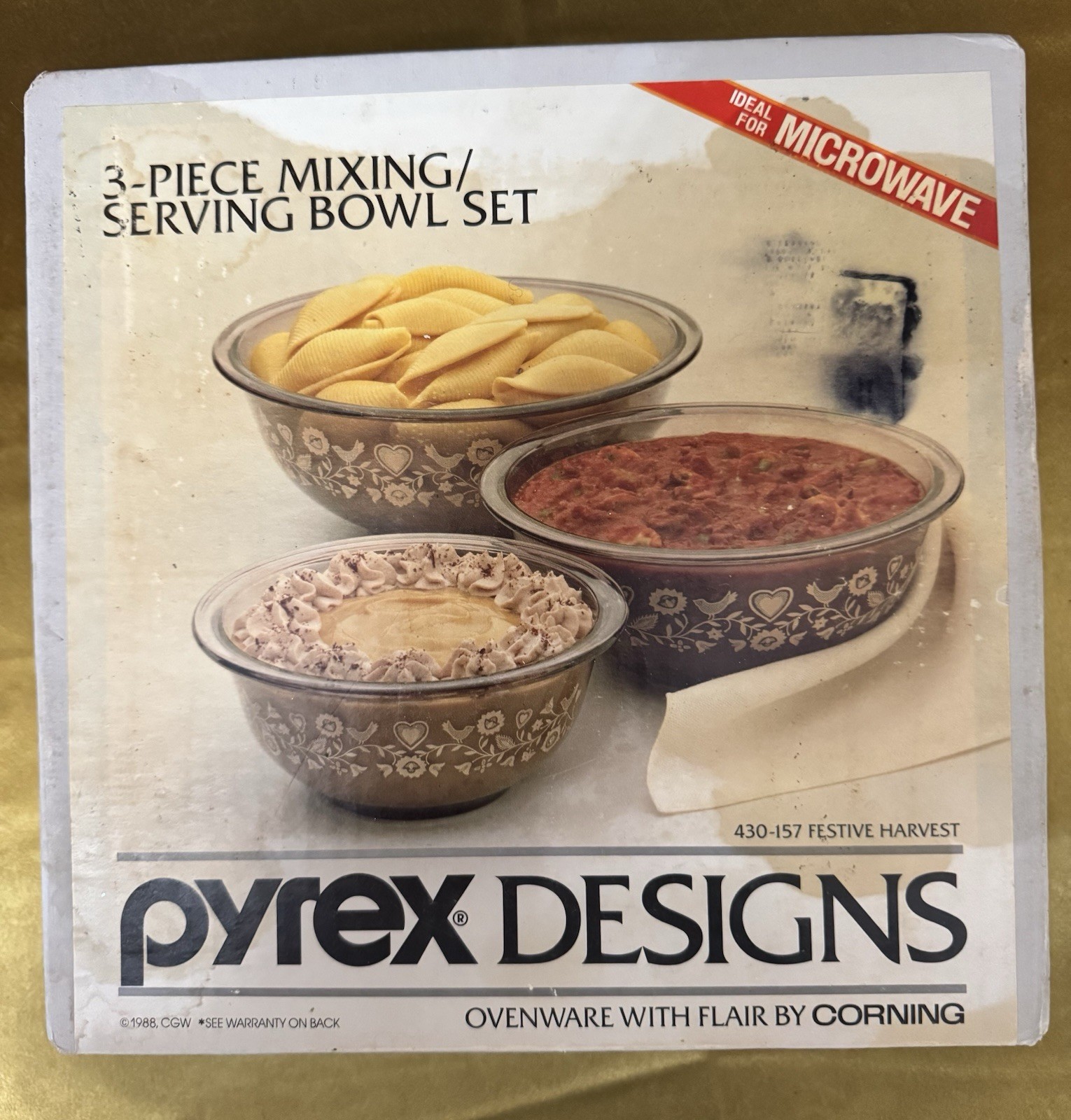 Vintage Pyrex Festive Harvest 430-157 Mixing Bowl Set 3 Piece NOS Unopened 1988