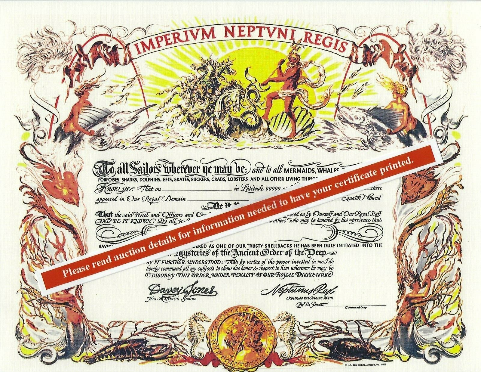 Shellback "Imperivm Neptvni Regis" 8.5X11 replacement certificate US Navy Shellback "Imperivm Neptvni Regis" 8.5X11 replacement certificate US Navy
