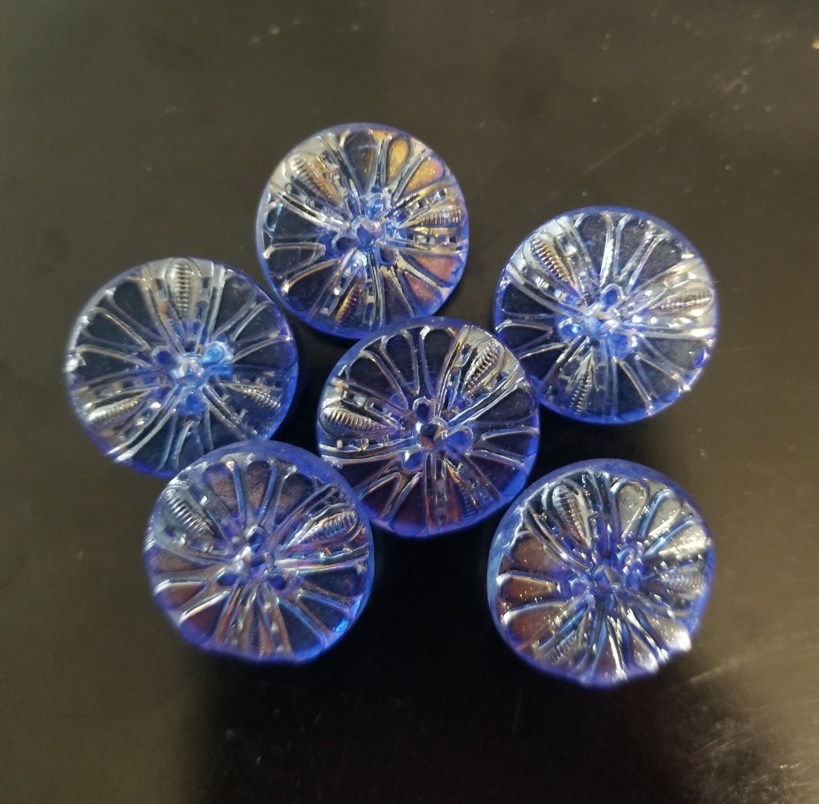 6 Vintage Czech Glass Buttons 3/4" Flower Design Blue w/Subtle Iridescence 