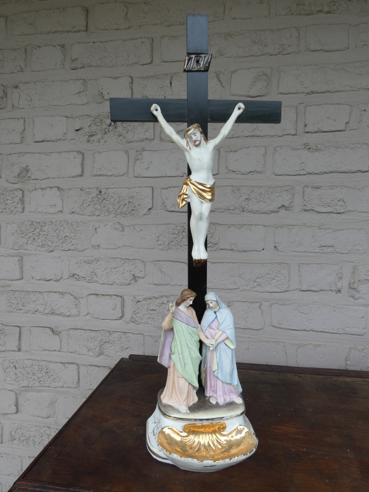 Antique Belgian vieux andenne bisque porcelain Crucifix calvary holy water font Antique Belgian vieux andenne bisque porcelain Crucifix calvary holy water font