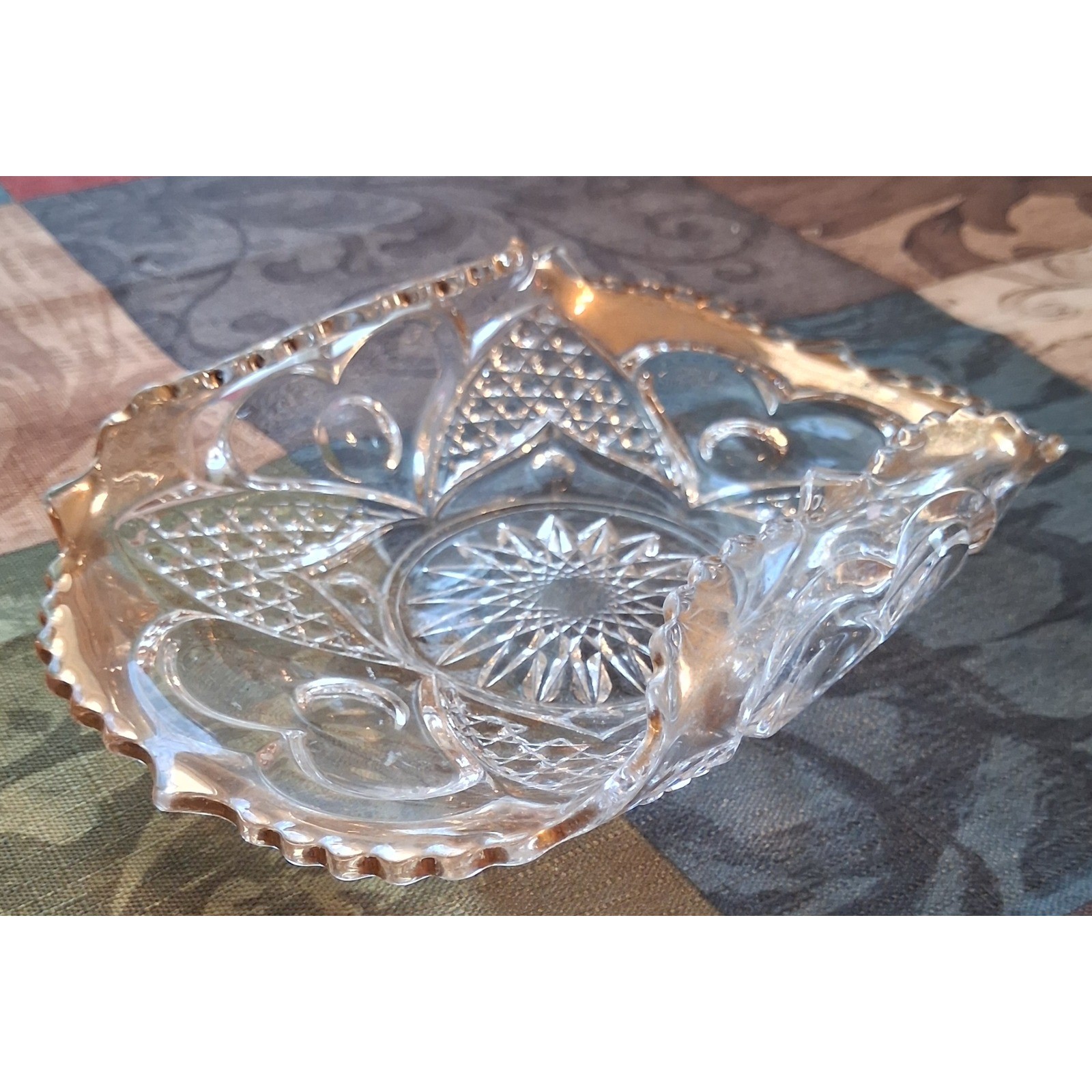 Vintage Pressed Glass Candy Dish Gold Trim Scalloped Edge Starburst Oval Bowl