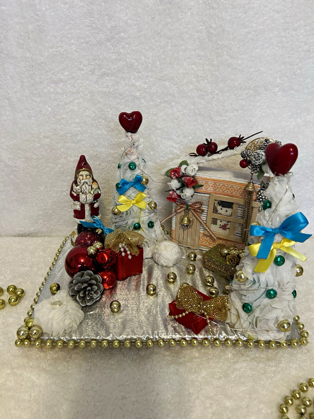 Christmas Village Handmade Ukrainian Decor Vintage Wooden Santa Lighted OOAK
