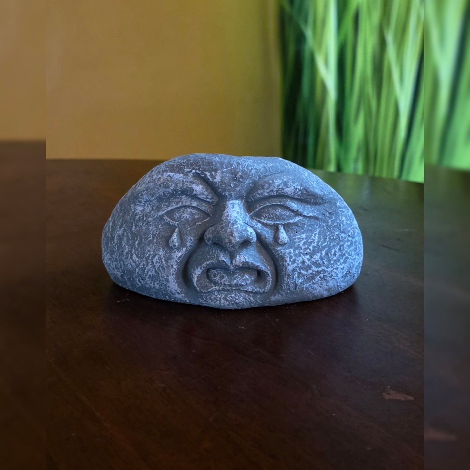 Vintage Face Garden Stone Candle Holder Upset Crying 5" Gray Concrete Decor NWT