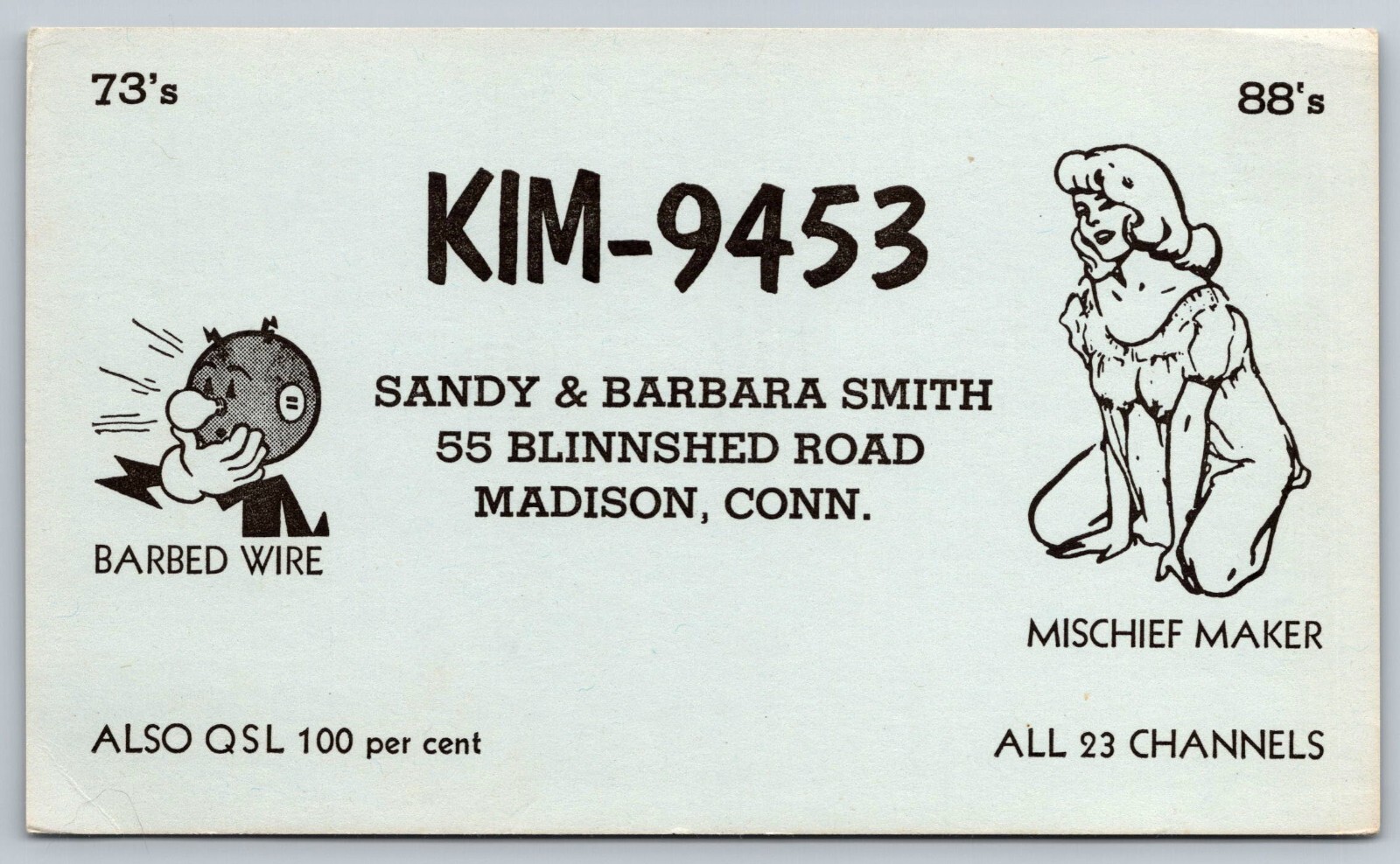 QSL Card, QSL KIM-9453, Sandy & Barbara Smith, Madison, Conn. QSL Card, QSL KIM-9453, Sandy & Barbara Smith, Madison, Conn.