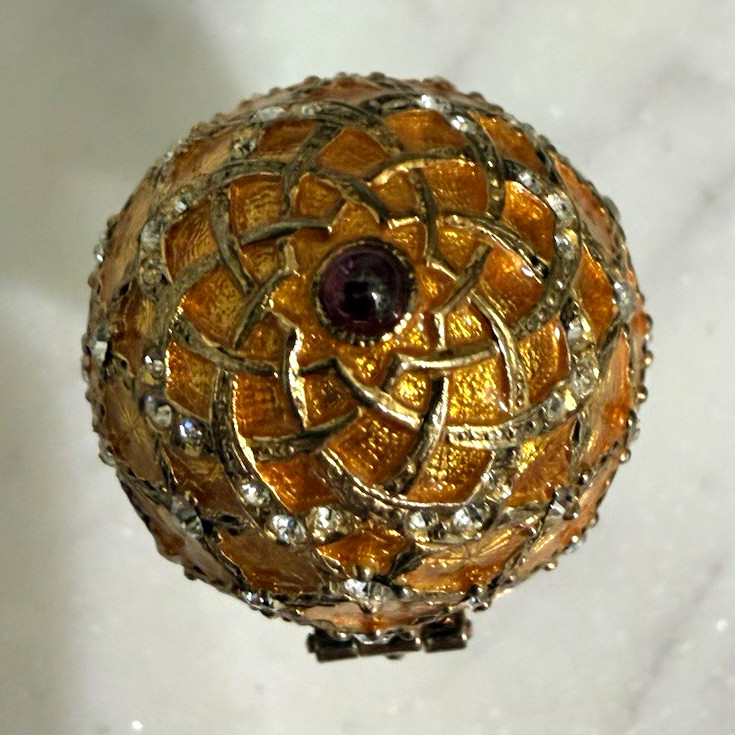 Coronation Egg Trinket Box Gold Enamel Rhinestone Hinged Coach Surprise w Stand