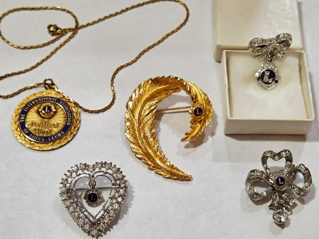 Vintage Lions Club 5pc Lot Medal of Merit Necklace Feather Heart Bow Pin Gold Vintage Lions Club 5pc Lot Medal of Merit Necklace Feather Heart Bow Pin Gold