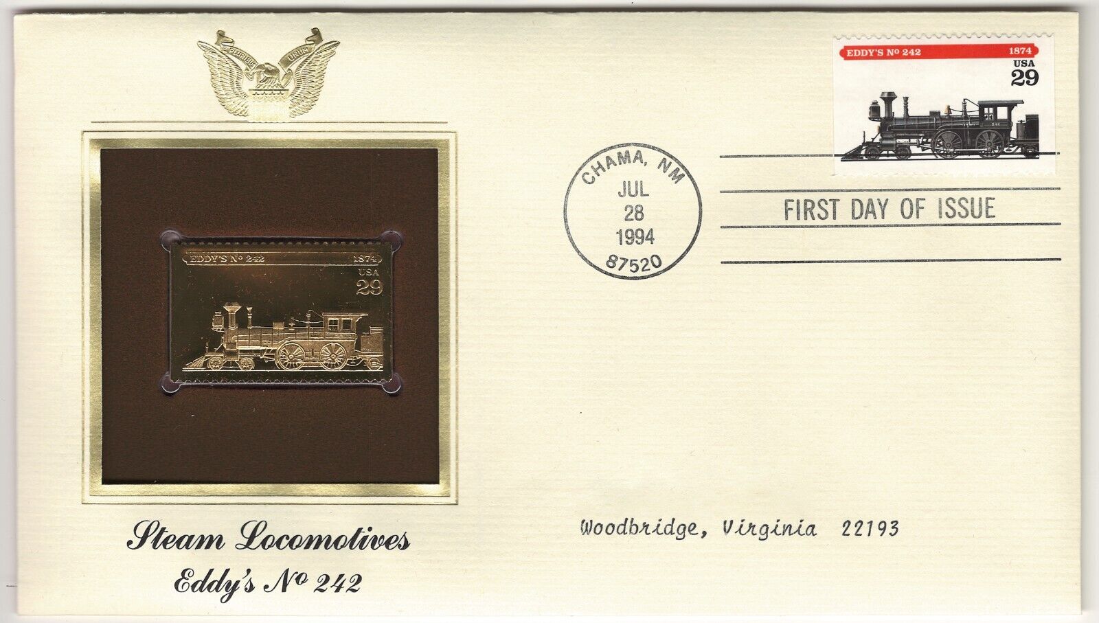 1994 USA STEAM LOCOMOTIVES EDDYS NO 242 GOLD PLATED 29C STAMP COVER FDC
