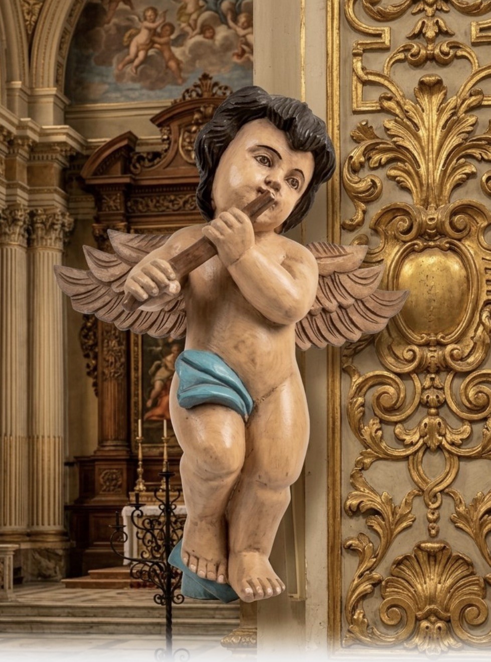 Antique Hand Carved Painted Wood Large Angelic Cherub Putti  Sculpture 18"