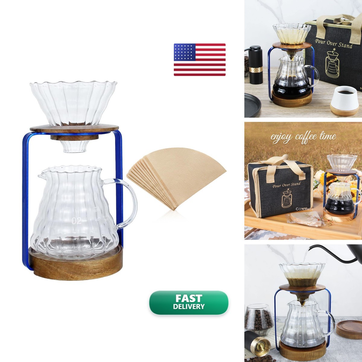 SOTECH Pour Over Coffee Dripper Stand Blue - Metal Wood Glass Server Set