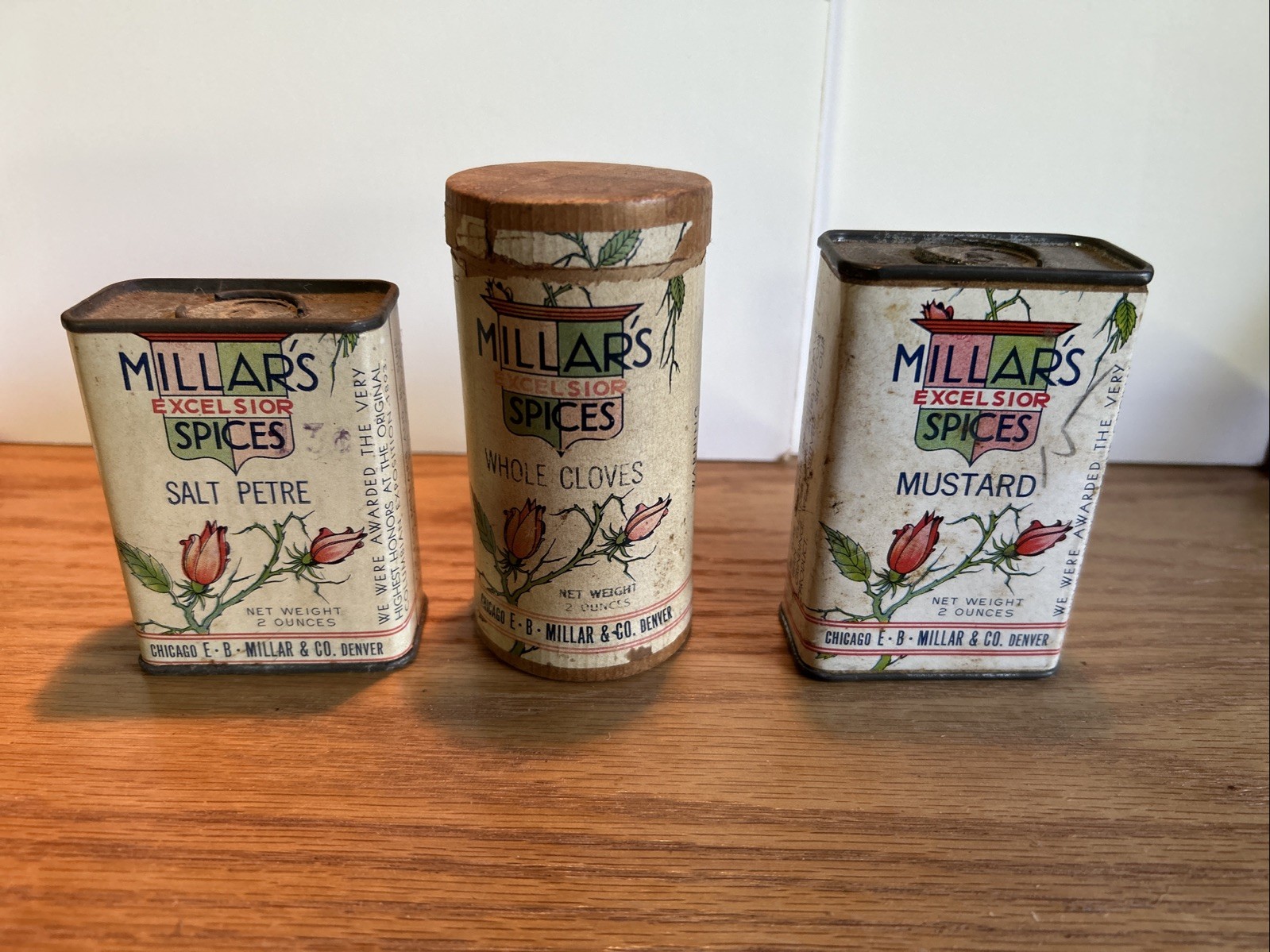 3-Antique E. B. MILLAR EXCELSIOR SPICE CONTAINERS Salt Petre, Mustard, Cloves 3-Antique E. B. MILLAR EXCELSIOR SPICE CONTAINERS Salt Petre, Mustard, Cloves