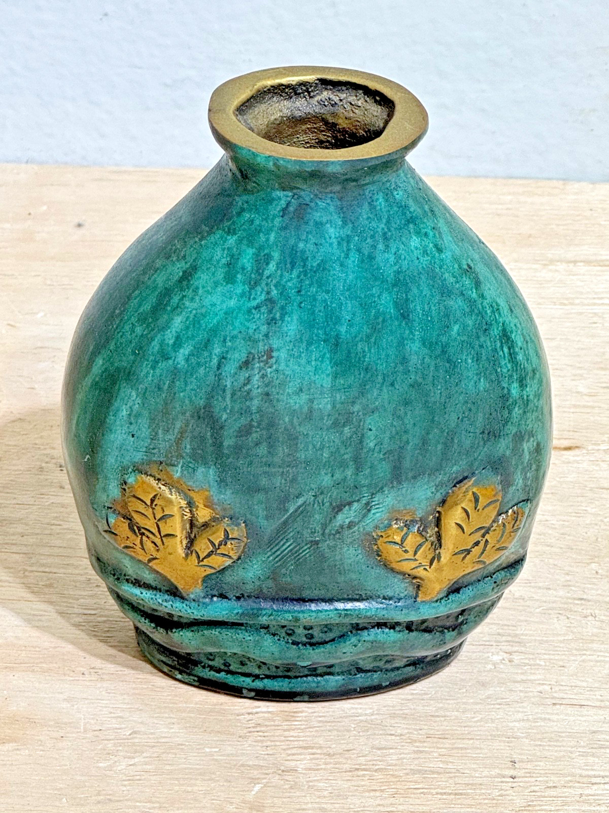 Vintage Solid Cast BRASS Handmade Teal Enamel Cloisonne Vase 5-1/2"H | SW Theme